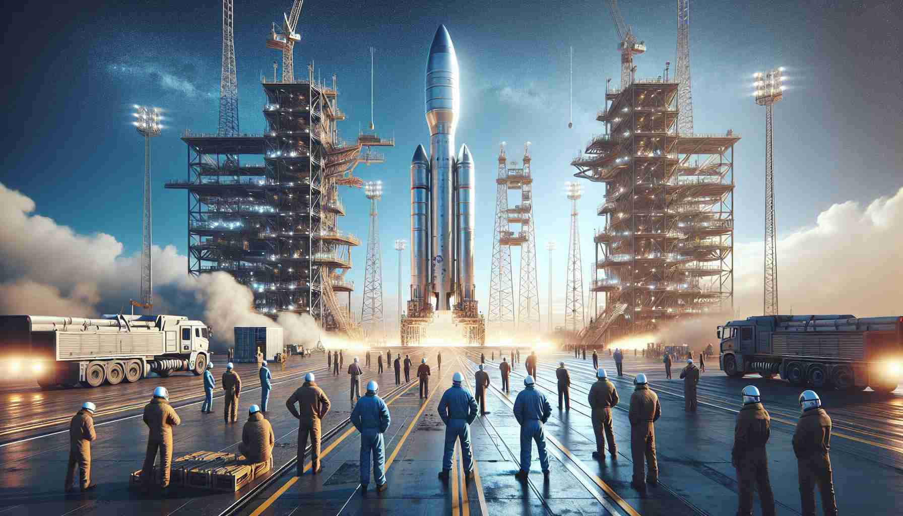 Generate a high-definition, realistic image of a privately-owned space exploration company preparing for a significant event - the test launch of a fifth model of their cutting-edge spacecraft. The scene should depict the launch pad under a clear, brilliant blue sky, with the gleaming metal rocket standing tall, ready for liftoff. Workers, including both men and women of various descents (Caucasian, Hispanic, Black, Middle-Eastern, South Asian, etc.), should be seen in the vicinity, making last-minute preparations. Note: the company name or logo should not be visible.