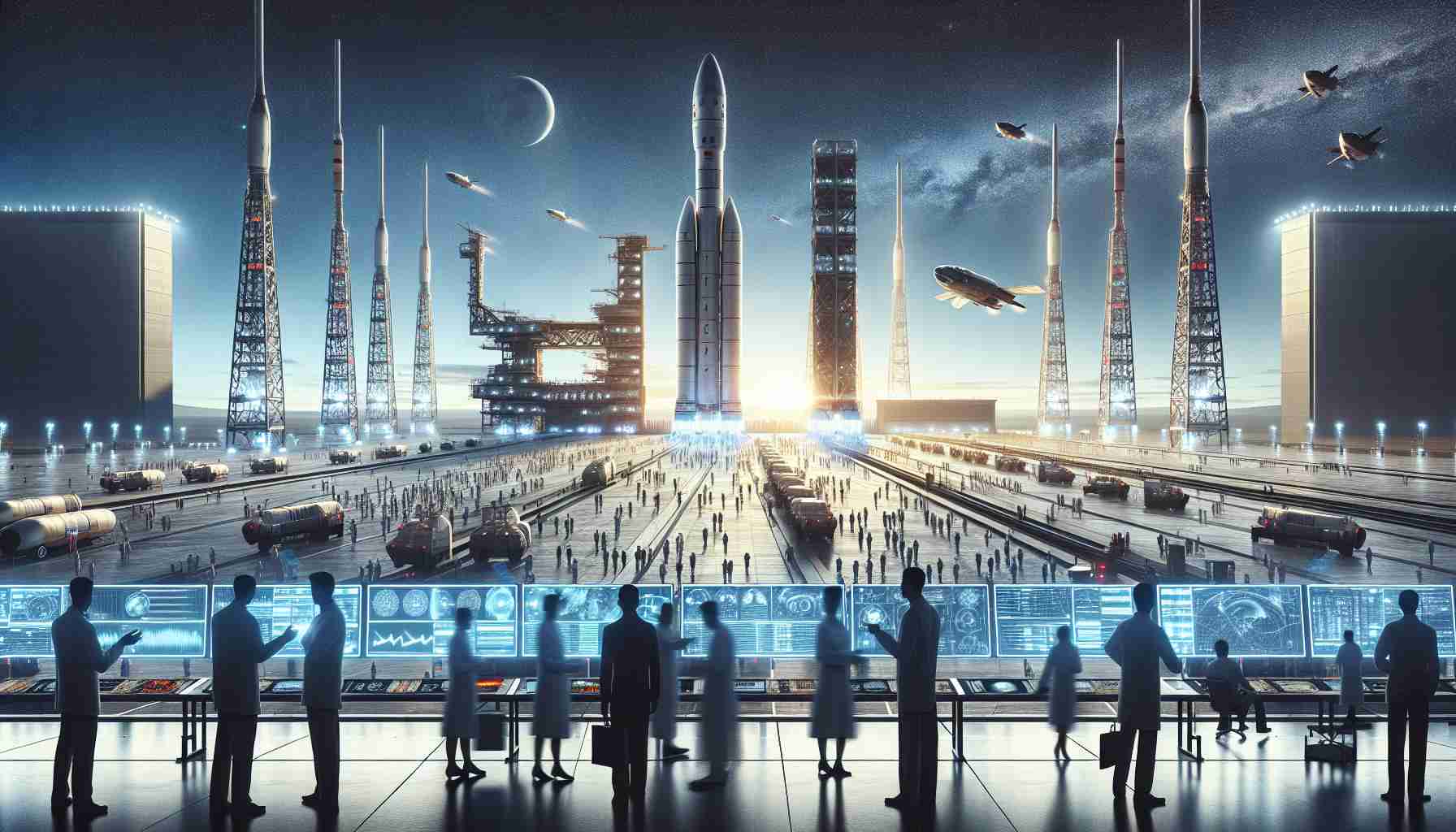 A realistic, high-definition image that captures the ambitious nature of China's space exploration endeavors. Include a sprawling spaceport with several rockets ready for launch. The silhouettes of scientists and engineers of various genders and descents including Middle-Eastern, Hispanic, and South Asian are bustling about the scene. A substantial command center can be seen in the distance, with people peering into monitors displaying multitudes of data. The backdrop of this scene should depict a clear, bright sky, illustrating the infinite possibilities that space exploration offers.