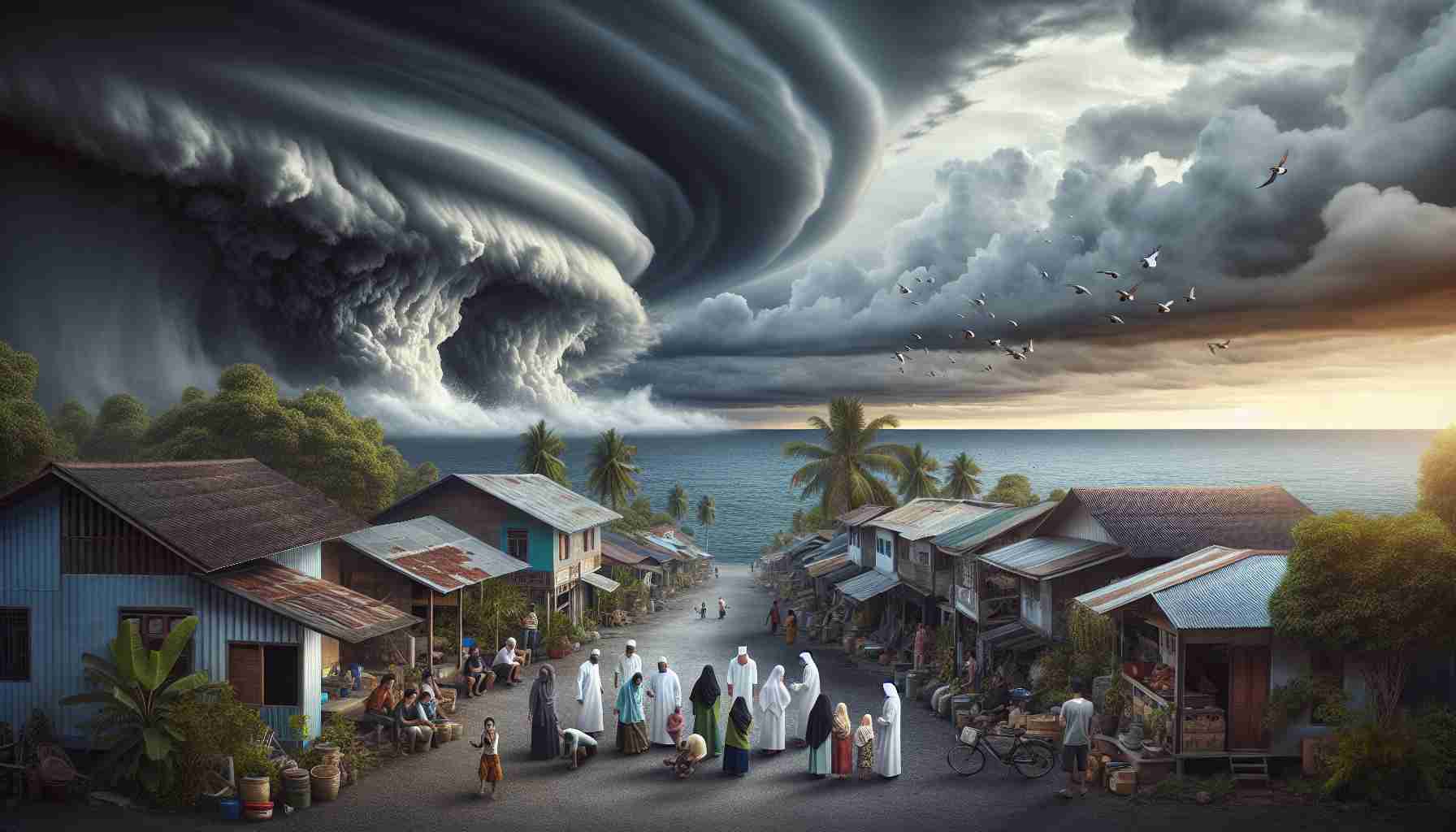 An HD photograph portraying the preparation for an imminent, powerful storm. You can see alarmed but determined individuals safeguarding their homes and property in a small town. Half the people are White and half are South Asian descent, with a mix of genders. The ominous, dark grey storm clouds are gathering in the distance over a vast ocean, creating a stark contrast with the calm town. The air is filled with tension, as the villagers understand the gravity of the situation. Elements of nature are also preparing, with birds fluttering away and trees standing tall, ready to withstand the storm.