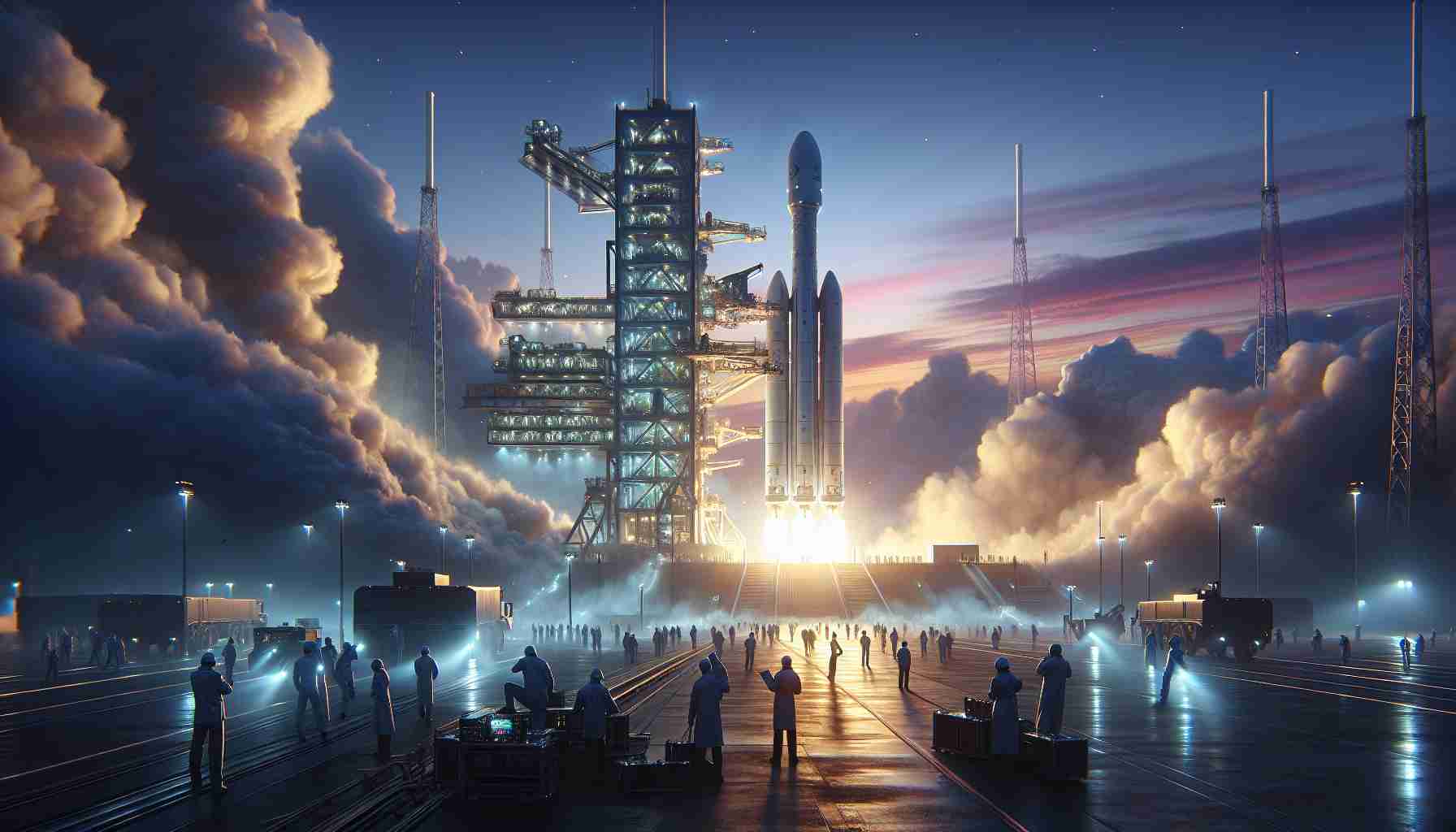 High definition realistic image of a futuristic private space company's upcoming launch of a new satellite constellation. Picture the launch site at dusk with the rocket on the launch pad, bathed in stark contrast lighting. Smoke billows from beneath as the engines fire up. Engineers of diverse ethnic backgrounds and genders can be seen in the foreground, bustling with activity. The sky in the background is a vibrant mix of twilight blues and purples.