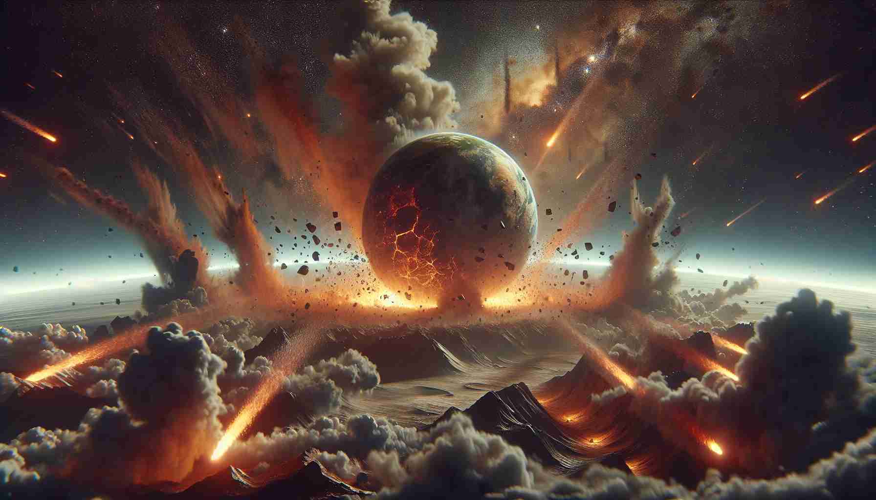 High definition, realistic image of a concept titled 'The Mysterious Impact: Unveiling Earth's Ancient Catastrophe'. This scene includes an ancient Earth, marked by a dramatic impact, stretching out from the collision point, is a cloud of dust, and debris. The background is filled with stars and distant celestial bodies, suggesting the cataclysmic event happened in deep past. There is a sense of turmoil yet mystery, as the title suggests that the scene is a reveal of an ancient catastrophe. Stone fragments, fiery trails, and a smoky atmosphere should all be evident in the scene to enhance its realism.