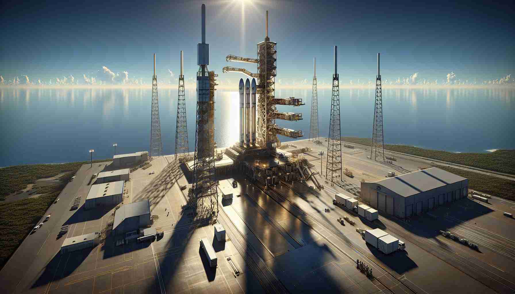 A realistic, high-definition visualization of a generic space exploration company preparing for the launch of communication satellites from a coastal launch site. The sunlight dances upon the metallic exterior of the launch vehicle as it stands ready on the platform, surrounded by smaller structures and vehicles. Overhead, a crystal clear sky blue with a few wisps of white clouds act as the backdrop to the impressive scene. The ocean expands in the distance, reflecting the brightness of the day.