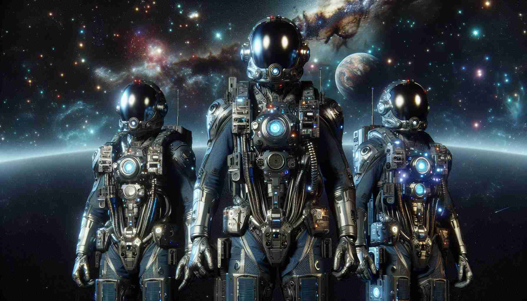 Hyper-realistic high-definition image depicting futuristic guardians securing the safety of space. These guardians are figures donned in advanced space suits, bristling with the cutting-edge equipment, and equipped with newly-developed technologies, holding them aloft with pride. They stand against a backdrop of infinite cosmos, with star-studded darkness and nebula clouds swirling around them, embodying the promise of space safety and hinting at their vigil watch over celestial bodies and interstellar space.