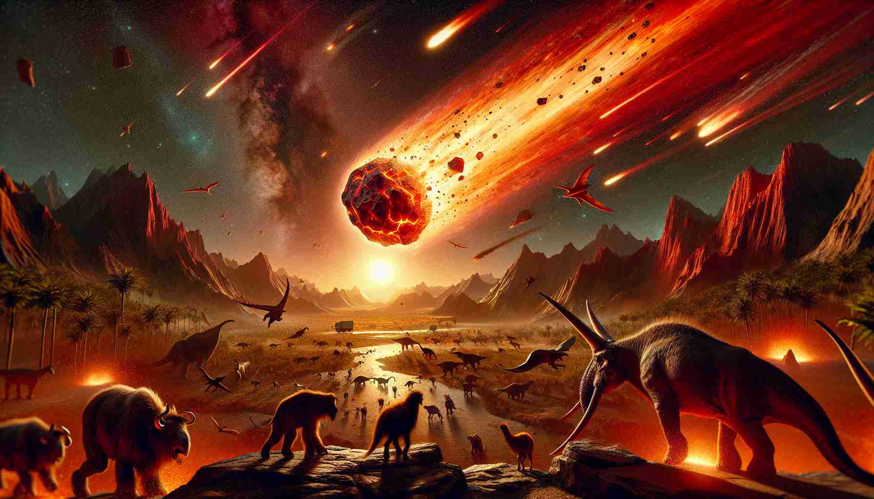 An ultra-high-definition image illustrating a prehistoric era of the Earth's history, specifically showing a catastrophic event in which a colossal meteorite of immense size is plummeting towards the planet. The incoming object is causing fiery atmospheric changes that radiate an intense light, illuminating the landscape below it. In the foreground, wild animals of various species, like dinosaurs or mammoths, are seen fleeing in panic. Their instinctual reaction reflects the unprecedented nature of the event. The sky is a dramatic hue of red and orange, hinting at the transformation that awaits the Earth post-impact.