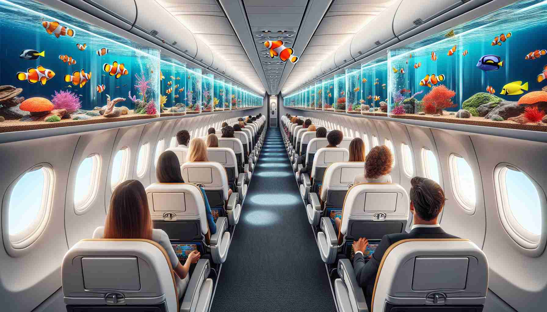 A high-definition photorealistic image depicting an innovative and groundbreaking aquatic experience introduced by a popular airline. The scene displays a passenger jet, mid-flight in the open sky, but the cabin inside has been transformed into a vibrant marine environment. Bright tropical fish of various species, such as clownfish and angelfish, are swimming around in a vacuum-sealed glass container that is readjusted to percolate through the aisle and individual seats. Passengers, men and women of various descent including Caucasian, Hispanic, South Asian, are awestruck observing this unique feature, enhancing their flying experience.