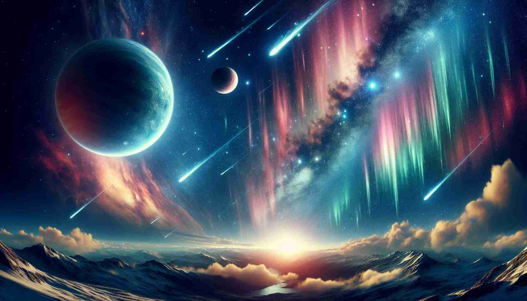 Create a high-definition, realistic image showcasing a rare celestial event. This could be a striking alignment of planets, a brilliant meteor shower, or a particularly vivid display of aurora borealis. The sky should be filled with detail - twinkling stars, swirling galaxies, and perhaps even a hint of a nebula or two in the distant universe.