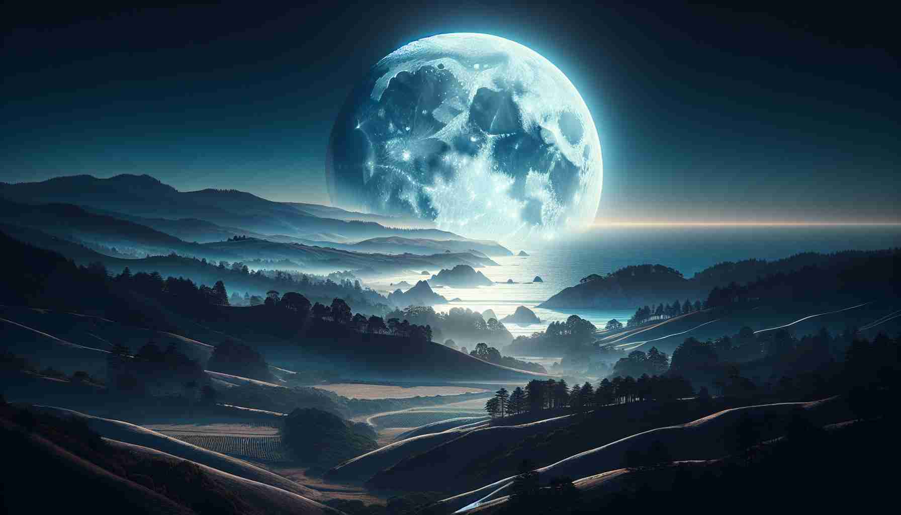 Realistic high-definition photo showcasing a majestic lunar display illuminating the skies over a Californian landscape. The moon should be brilliantly bright, illuminating the surrounding sky with its ethereal glow. The ground should feature subtle silhouettes of the diverse Californian terrain, with possible features including rolling hills, a captivating coastline, towering redwoods, deserts, or vineyards. The color palette should include shades of deep night blue, silver moonlight, and the shadowy grays of the terrestrial landscape.