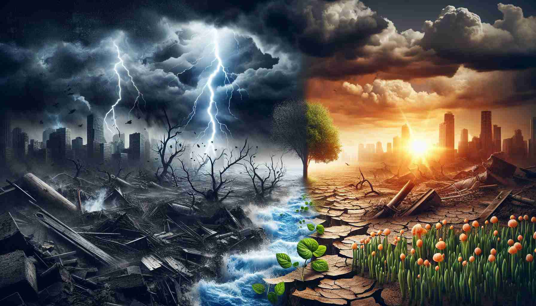 Generate a detailed and realistic high-definition image titled 'New Beginnings: Rebirth Amidst Chaos'. The scene should depict the theme of rebirth and new beginnings, showing calm, serene elements in the midst of disorder and combination of dark hues. On one side, chaos should be represented with a tumultuous, stormy sky, lightning strikes, strong, howling winds, and crumbled buildings. On the other side, the rebirth concept can be beautifully illustrated through a sunrise creeping through the dark clouds, the first green sprouts pushing through cracked earth, and perhaps a single, resilient tree standing tall amongst the wreckage. The contrasting elements should blend together seamlessly, symbolizing that even amidst chaos, there is an opportunity for a fresh start.