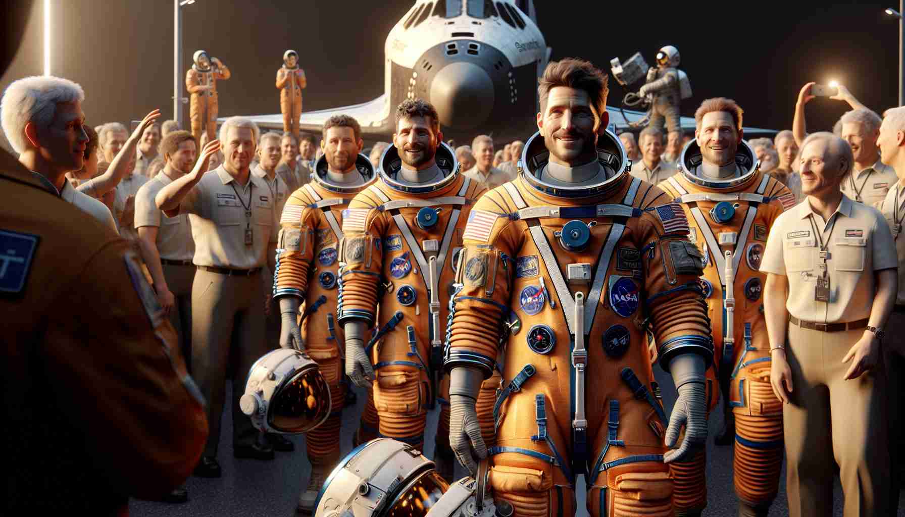 Realistic high-definition image showing the successful return of Crew-8 astronauts from a space mission. The group consists of astronauts of various descents and genders. The scene captures the moment when they disembark from the spacecraft, with the space shuttle seen in the background. Each astronaut dons the typical orange launch and entry suit, worn over a white cooling garment. Their helmets are tucked under their arms, revealing joyful expressions of a successful mission. Around them, mission personnel and the curious crowd express their excitement and amazement.