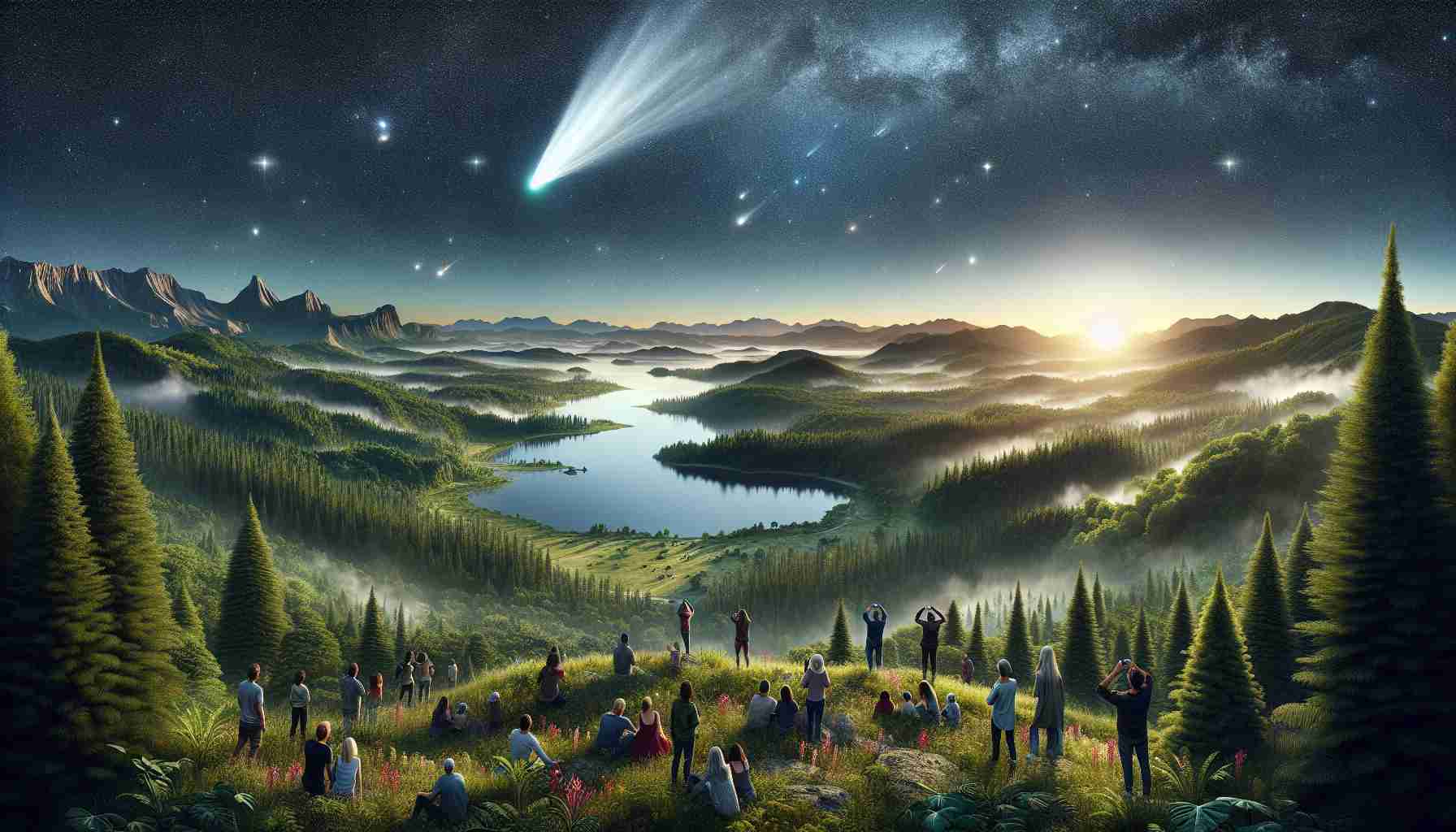 A highly detailed and realistic image capturing the rare spectacle of a celestial visitor making a once-in-a-lifetime appearance in the night sky. A group of stargazers look on in awe from various vantage points across a lush landscape, each one underlining the magnitude of the event. Breathtaking natural scenery such as vast forest, a tranquil lake, and a mountain range provides a stunning backdrop to the star-flecked sky. The celestial body, perhaps a comet or a rare planet, blazes brilliantly, casting an ethereal glow over the surroundings.