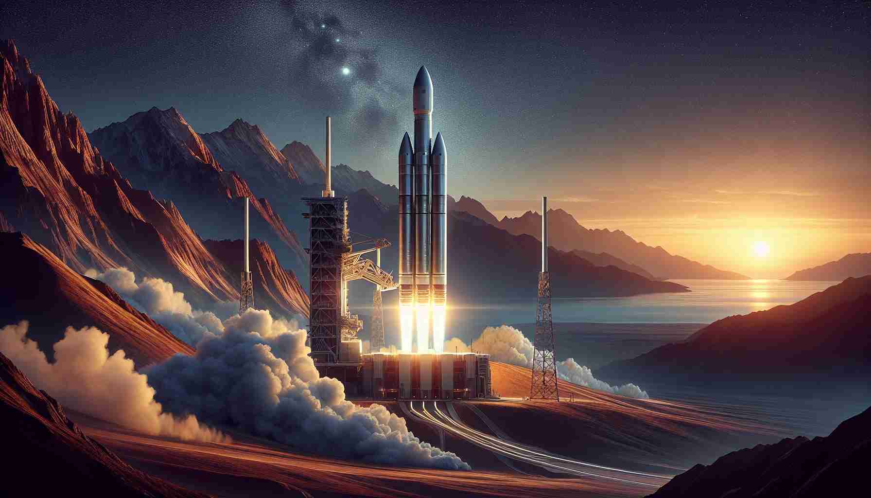 Realistic high-definition image of a cutting-edge exploration mission being launched. Show a technologically advanced rocket blasting off from a state-of-the-art launch pad surrounded by the awe-inspiring mountains saga. The sky should be filled with an orchestra of hues mixes the declining sunset's ochre with the emerging night's cobalt blue. Add a flash of warm light from the rocket engines illuminating the scene, casting long shadows and reflecting off the rocket's sleek surface.