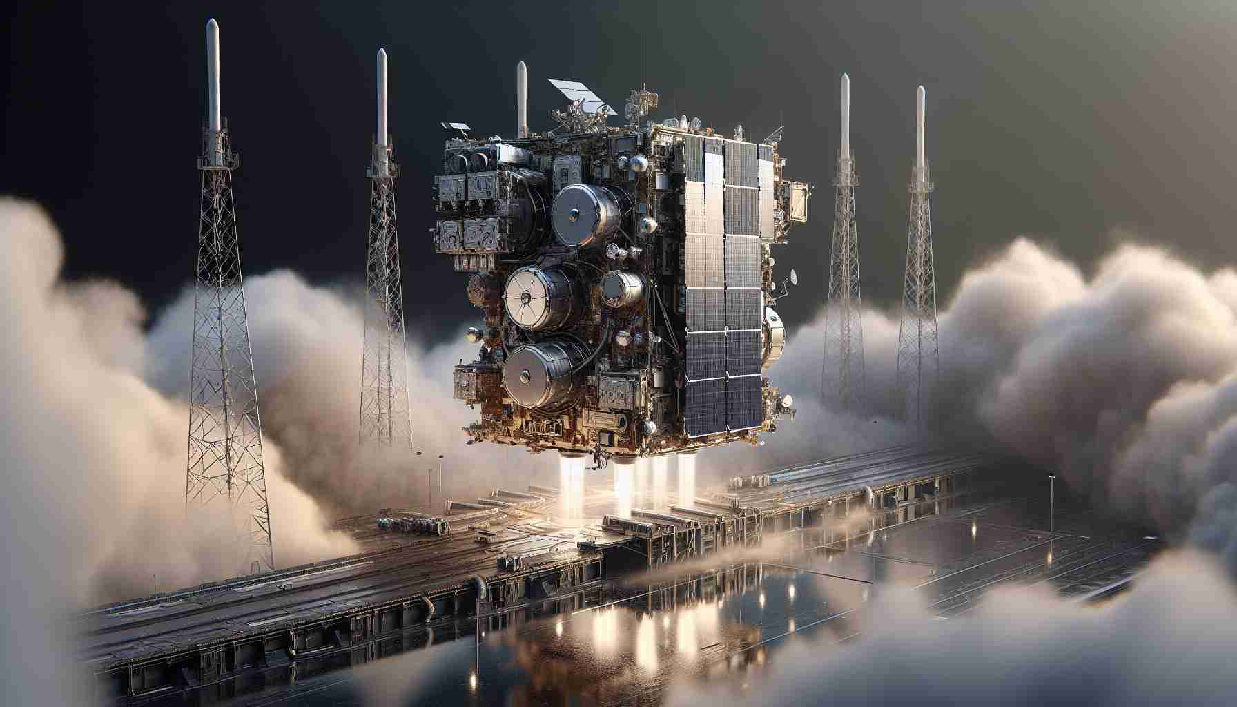 Realistic high-definition image of an advanced satellite that is prepped for deployment, about to take-off. The satellite is perched on the launch pad, enveloped by a dense cloud of smoke, with eager anticipation hovering in the atmosphere. Detail on the satellite should include various instruments, solar panels, and communication antennas, while the surrounding environment implies an imminent launch, with all ground support systems in place and active.