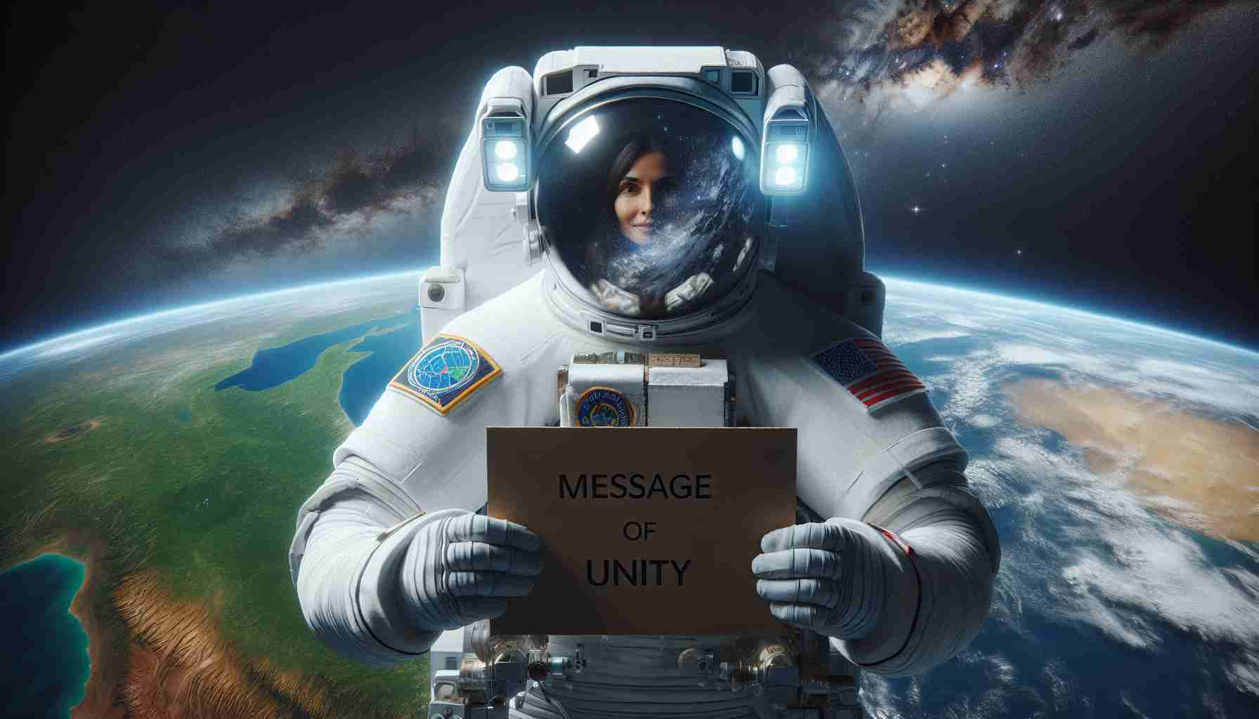 Create a detailed and realistic high-definition image of an astronaut in space. The astronaut, being a South Asian woman, is holding up a sign that reads 'Message of Unity' against the backdrop of Earth. She is wearing a typical white space suit with patches that indicate her agency and mission, and she's surrounded by the vast emptiness of space. The Earth is visible in the distance, filled with vibrant blues and greens which dramatically contrast with the deep blacks and star-spangled expanse of the cosmos beyond.