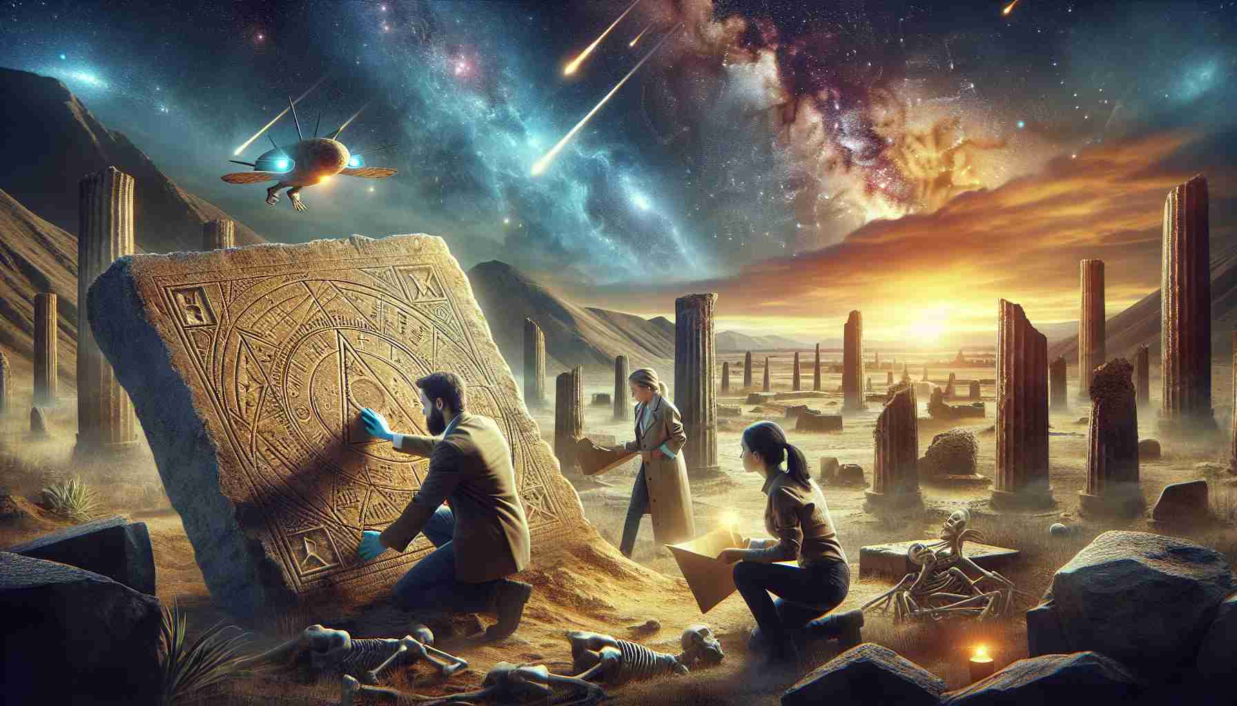 Create a realistic, high-definition image that presents the concept of 'Unearthing Ancient Mysteries: The Impact of Cosmic Violence on Earth'. Picture a stunning scene where archaeologists, composed of a Caucasian woman and a Hispanic man, are uncovering a large stone tablet with celestial symbols that hints at cosmic events in the past. Around them, the landscape should be filled with vestiges of once mighty civilizations now in ruins under a sky ablaze with shooting stars and distant galaxies.