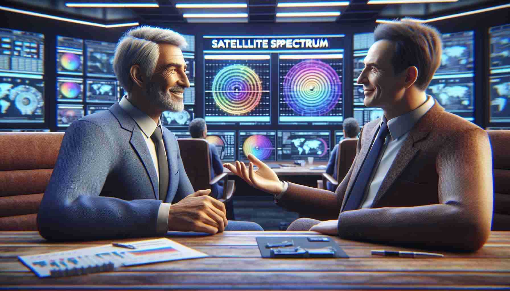 Create a realistic high-definition image showcasing two influential business leaders, one with salt-and-pepper hair and a warm smile, the other having slightly balding hair and a serious demeanor, discussing satellite spectrum in a high tech India-based control room filled with screens presenting different spectrums.