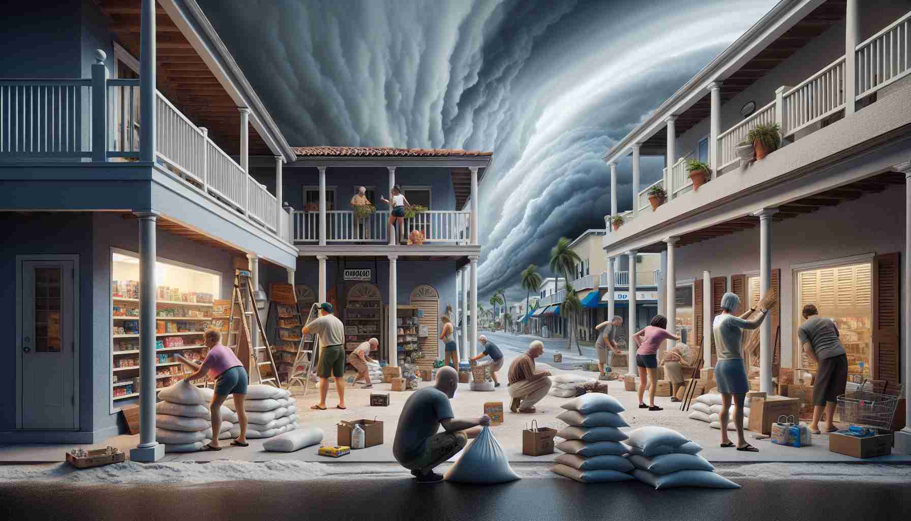 A realistic, high-definition image of Southwest Florida preparing for the potential impact of a large hurricane. The scene includes local residents of various descents including Caucasian, Hispanic, and Black people. They are busy securing their homes and belongings. Some of them are seen stacking sandbags near doorways, others are boarding up windows. Empty shelves in stores indicate that people are stocking up on necessities. The sky in the background is ominously dark with heavy, swirling clouds indicating the approach of the storm. Amidst all this, the spirit of community and resilience is evident.