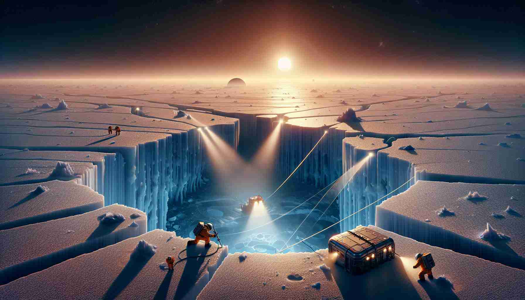 A high-definition, realistic rendering of the unveiling of the subsurface secrets of Titan, which is Saturn's largest moon. The image illustrates scientific explorers and equipment probing the exotic, frozen landscape. Ice cracks under the weight of revealed mysteries, beneath which are hidden oceans of liquid methane. Backlit by the distant Saturn, the terrain unfolds its deeply buried, complex structures in a mesmerizing narrative of astrogeological discovery.