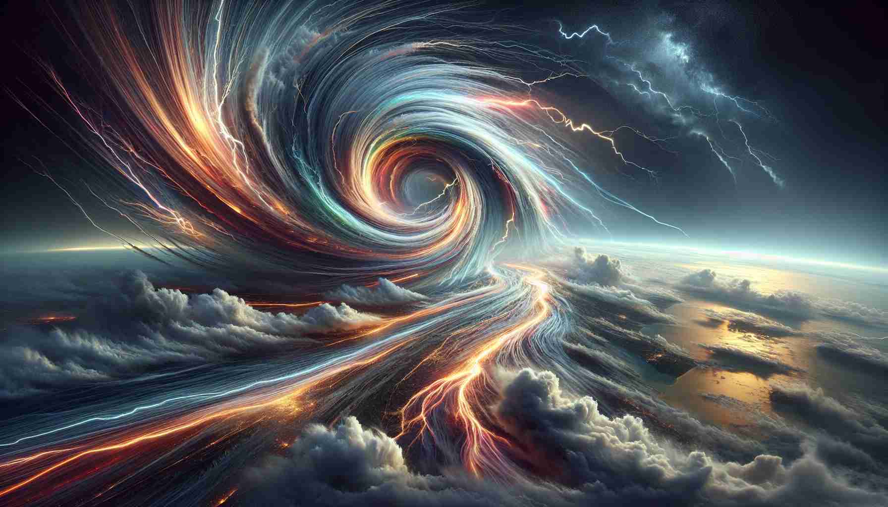 A high-definition image realistically expressing the captivating trails of a phenomenon called 'Hurricane Lily'. The scene unfolds the powerful, swirling gusts of wind and rain forming a turbulent yet beautiful path. Imagine the cyclone carving out an atmospheric vista with diverse colors, as lightning bolts intermittently illuminate the storm's wrath. The overall composition of the image should be awe-inspiring, conveying both the fright and fascination that such natural forces carry.