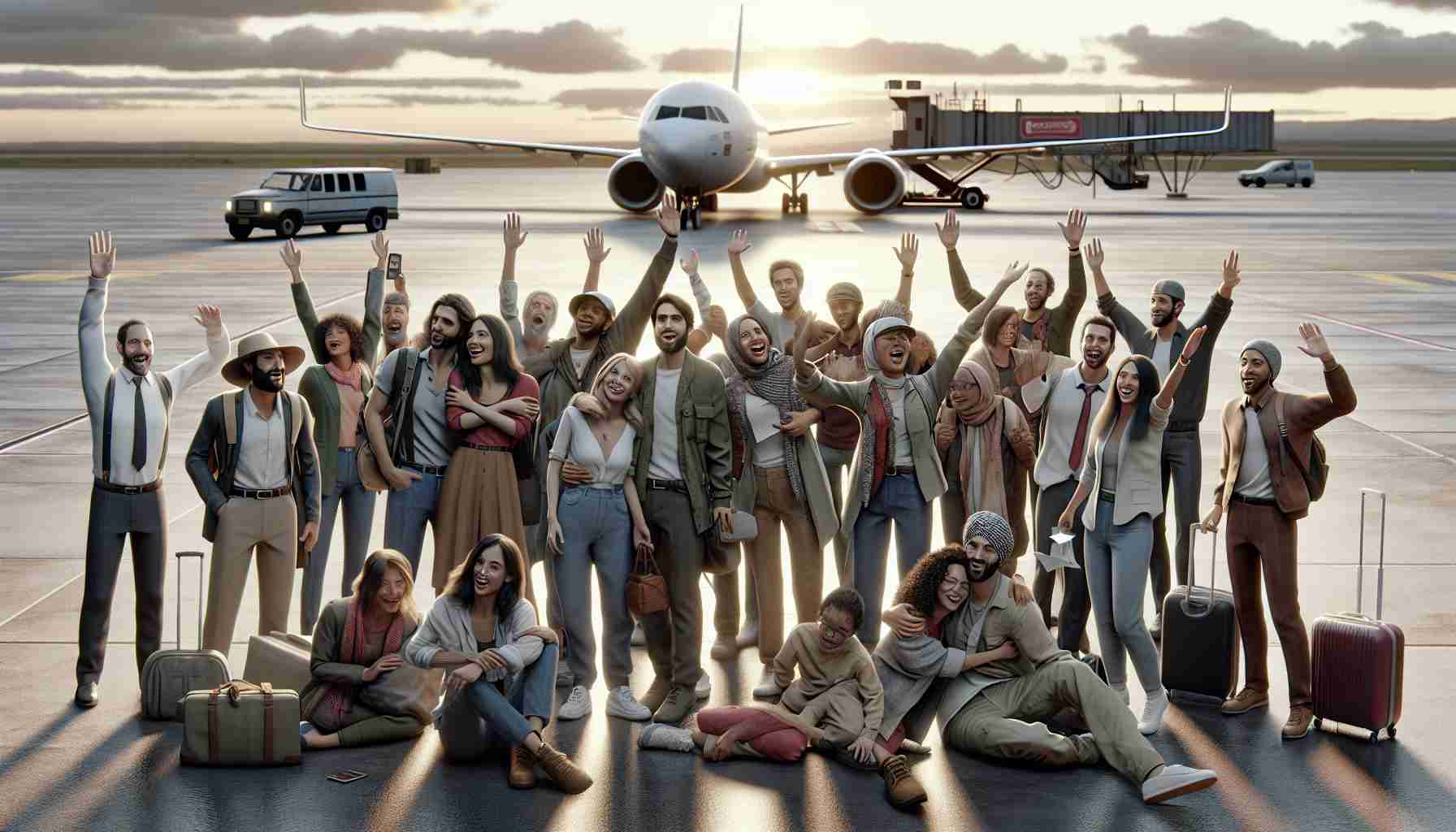 A realistic high-definition image depicting the safe return of a diverse group of individuals who were stranded overseas. Picture depicts a mix of men and women of Caucasian, Hispanic, Black, Middle-Eastern, and South Asian descent and they are expressing relief and joy upon their return. Some of them are waving, some hugging their loved ones, while others are just standing and taking in the moment. The location is an airport tarmac with a commercial airplane parked in the background. The sky above is clear with the glow of a setting sun.