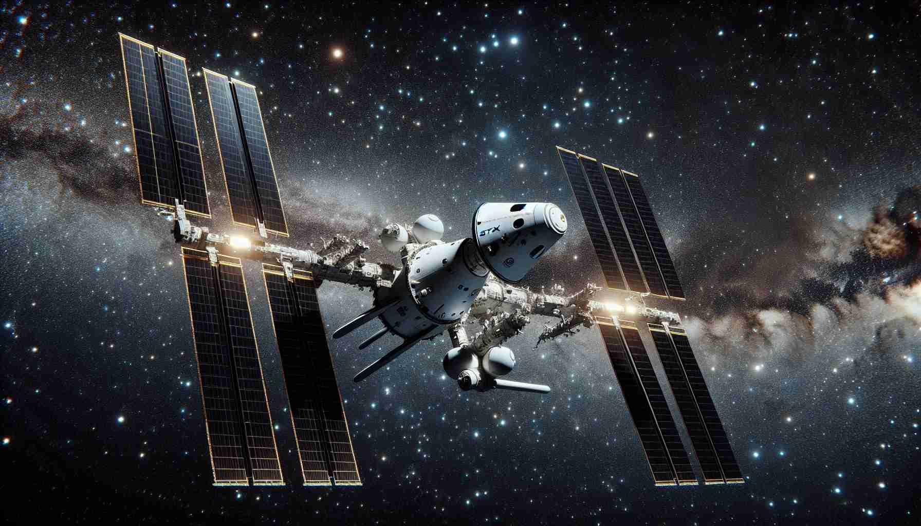 Generate a realistic and High-definition image of a spacecraft similar to SpaceX Dragon Endeavour disengaging or undocking from a space station akin to the International Space Station. The spacecraft should be exiting one of the docking ports of the orbiting station, drifting away into the vast expanse of outer space. The backdrop should exhibit the twinkling stars and galaxies, emphasizing the scale and isolation of the spacecraft in the cosmos.