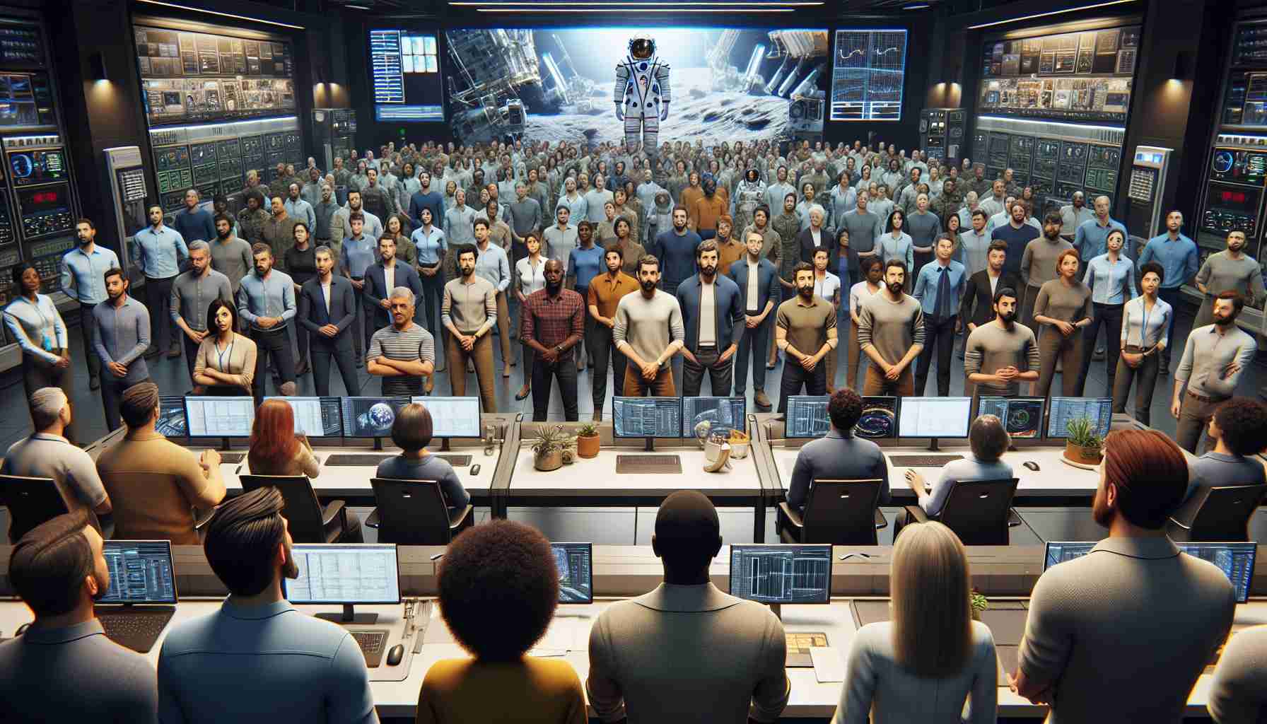 Realistic high-definition photograph displaying the anticipation and excitement building among a diverse team preparing for the return of the Crew-8 mission. There should be a mix of male and female team members from different descents like Hispanic, Caucasian, Middle-Eastern, South Asian and Black, all equally represented. The scene includes various scientific equipment and mission control related props in a high-tech computer room.