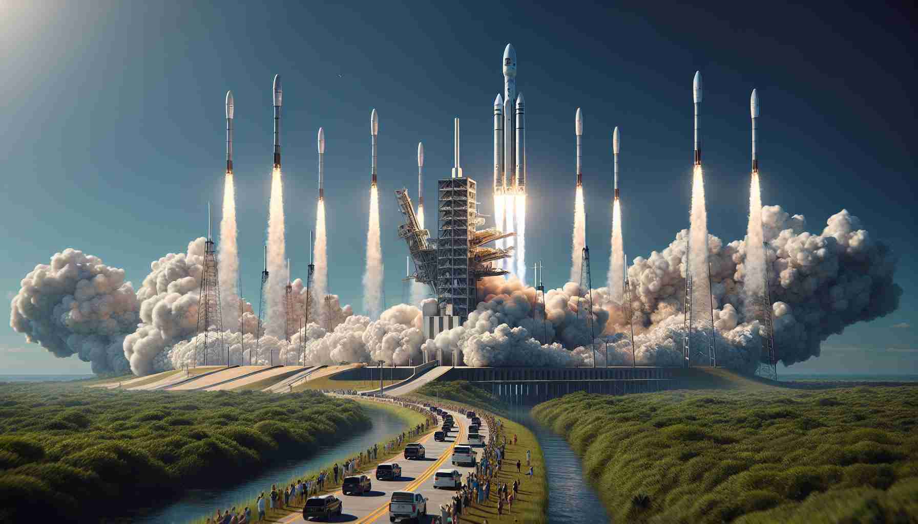 A hyperrealistic, high definition depiction of a space industry's successful launch of 20 advanced Internet satellites from a launch pad in Florida. The rockets streaking into the clear blue sky, leaving trails of white smoke behind. Anticipation fills the air as spectators watch from afar. To ensure accuracy, include details such as the stark contrast between the launch pad and the surrounding greenery, and the precise shapes of the rockets. Furthermore, ensure the hair-raising enormity of the occasion is visible in the wide eyes and open mouths of the onlookers.