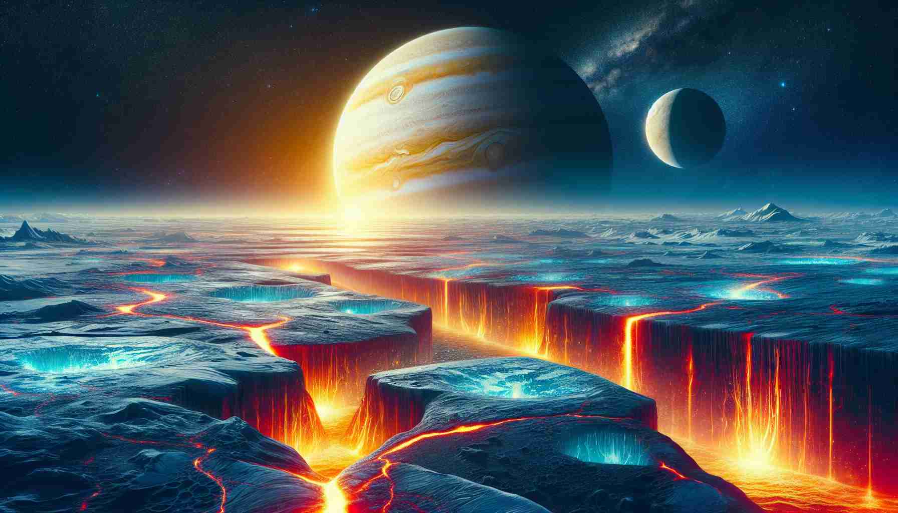 Create a realistic high-definition depiction of potential underwater volcanoes on Europa, Jupiter's moon. Capture the icy surface of the moon in contrast with the warm, glowing volcanic activity beneath the oceanic crust. Use contrasting colors to highlight the difference in temperatures and depict a unique, futuristic sci-fi scene.