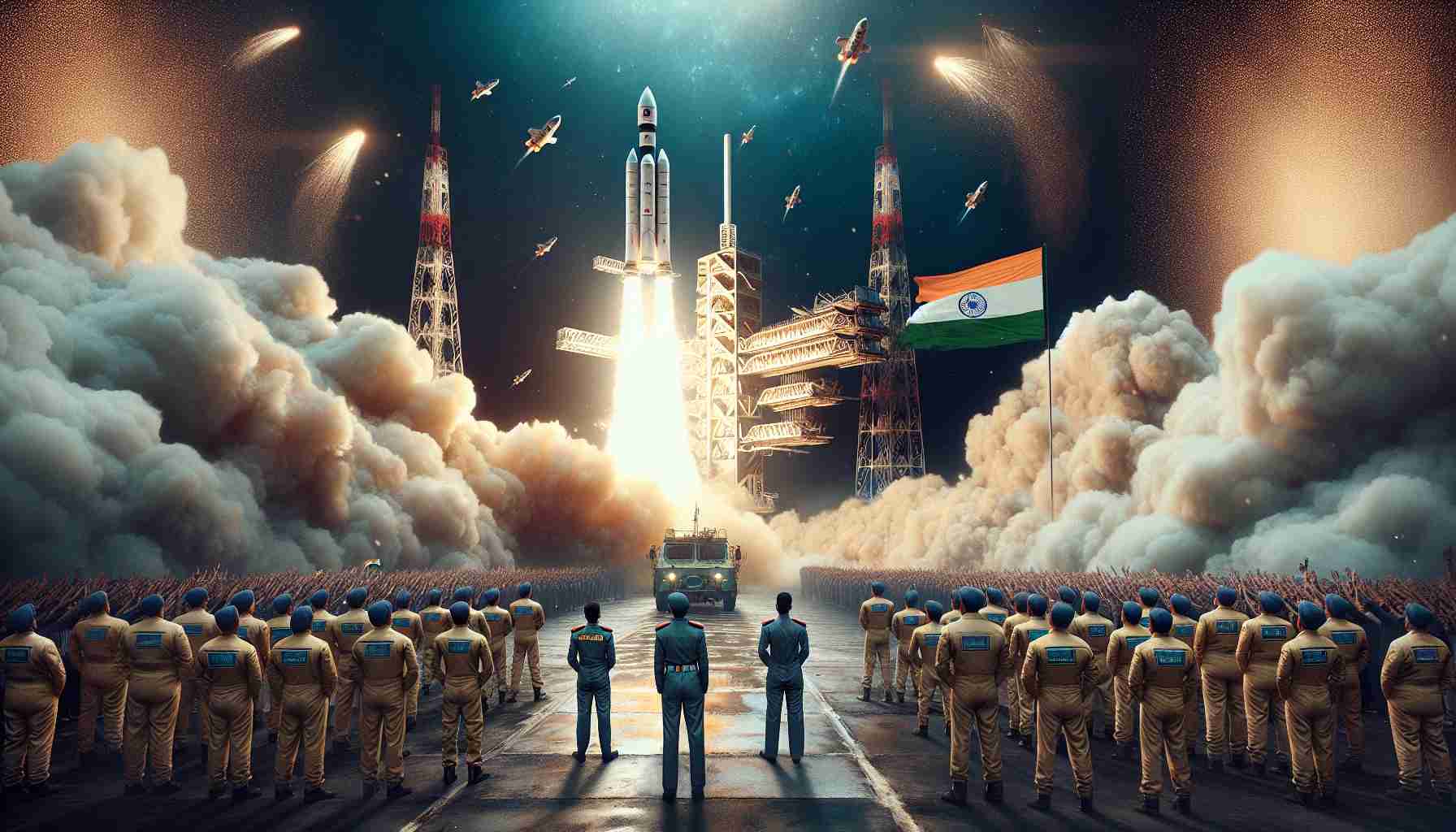 Generate a realistic, high-definition image of an innovative space venture being launched by India. The scene should depict an impressive rocket launching amidst billowing smoke and sparks, with the Indian flag waving proudly in the foreground. Teams of engineers, comprised of South Asian men and women in uniform, watch in anticipation, while the backdrop is filled with cheers from onlookers of various descents.