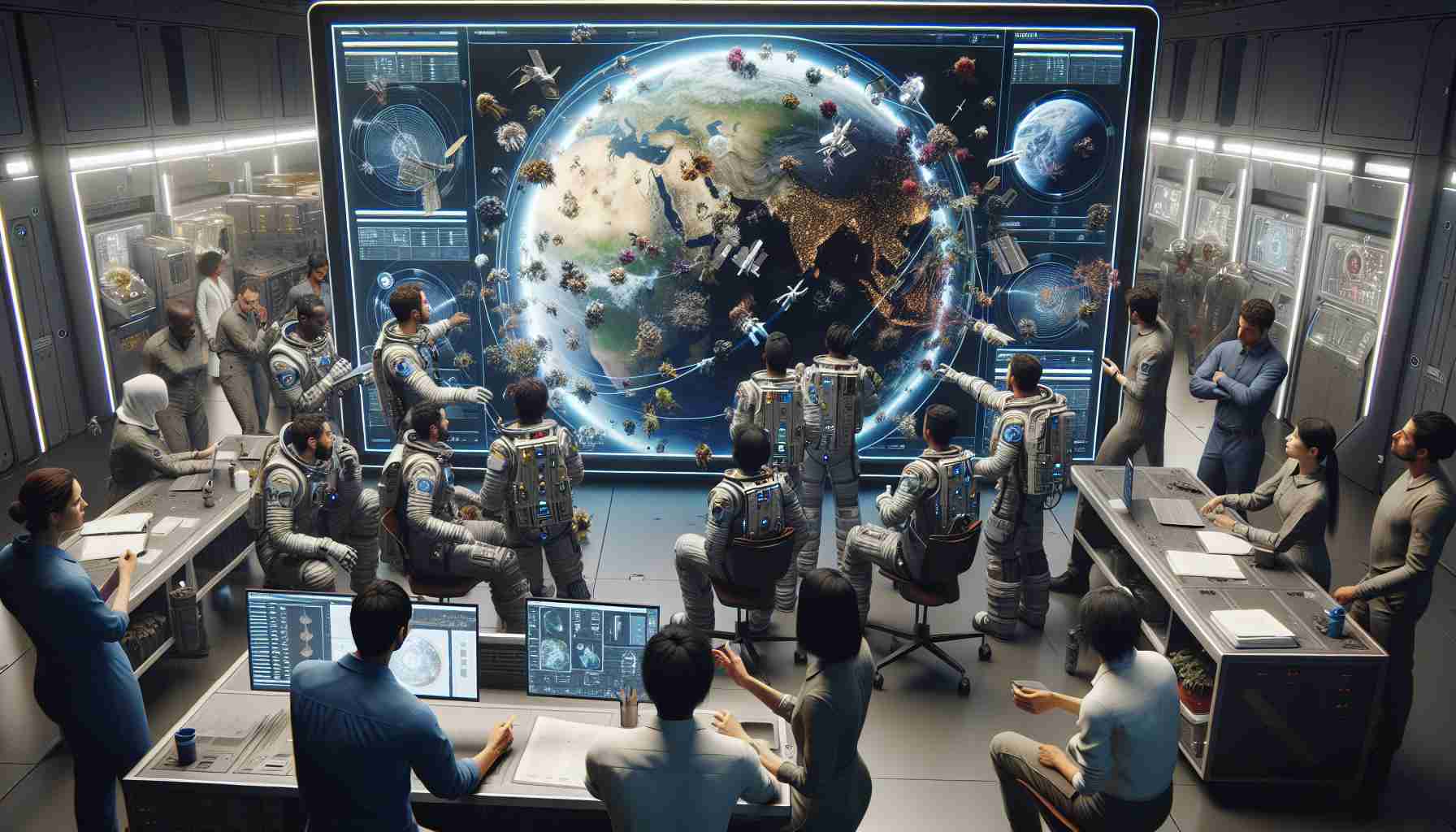 A high-definition, realistic image of workers from multiple backgrounds and genders. Some are Caucasian, others are Hispanic, Black, Asian, and Middle-Eastern. They are collaborating on combating space debris to ensure sustainable space operations. They are clustered around a large touch screen on a spaceship, displaying a map of Earth surrounded by various floating debris. They are intensely discussing strategies and technologies, such as nets, lasers, and robotic arms, which are used to clean up space debris. The setting is futuristic with high-tech equipment, sleek designs, and ambient lighting. Some are suited up as astronauts, while others are in scientist and engineer attire.