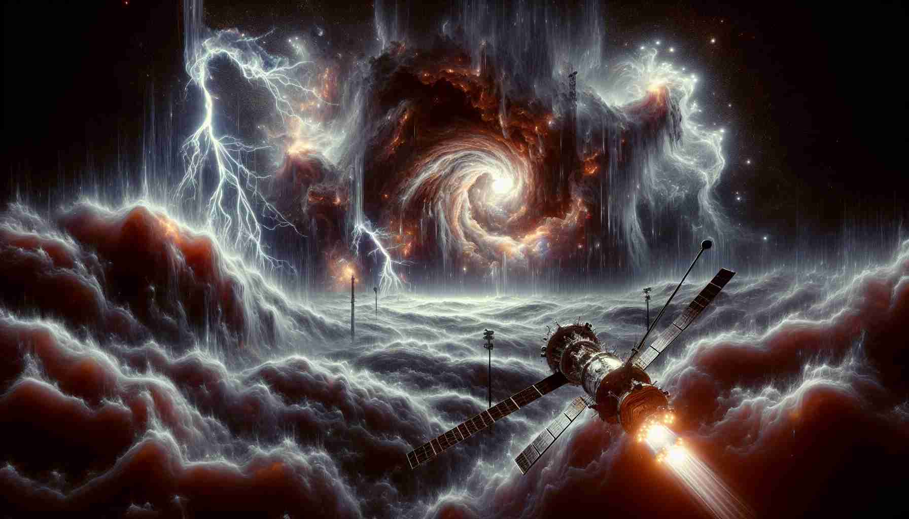 A highly detailed, computer-generated image that represents the severe impact of a storm on a deep space mission. The scene includes a spacecraft weathering the turbulent conditions in the remote vastness of deep space. There are flashes of lightning in the distant cosmic dust clouds and ethereal streams of energy particles swirling around the spacecraft. All elements in the scene demonstrate the raw power of space storms and the challenges they present to space travel.