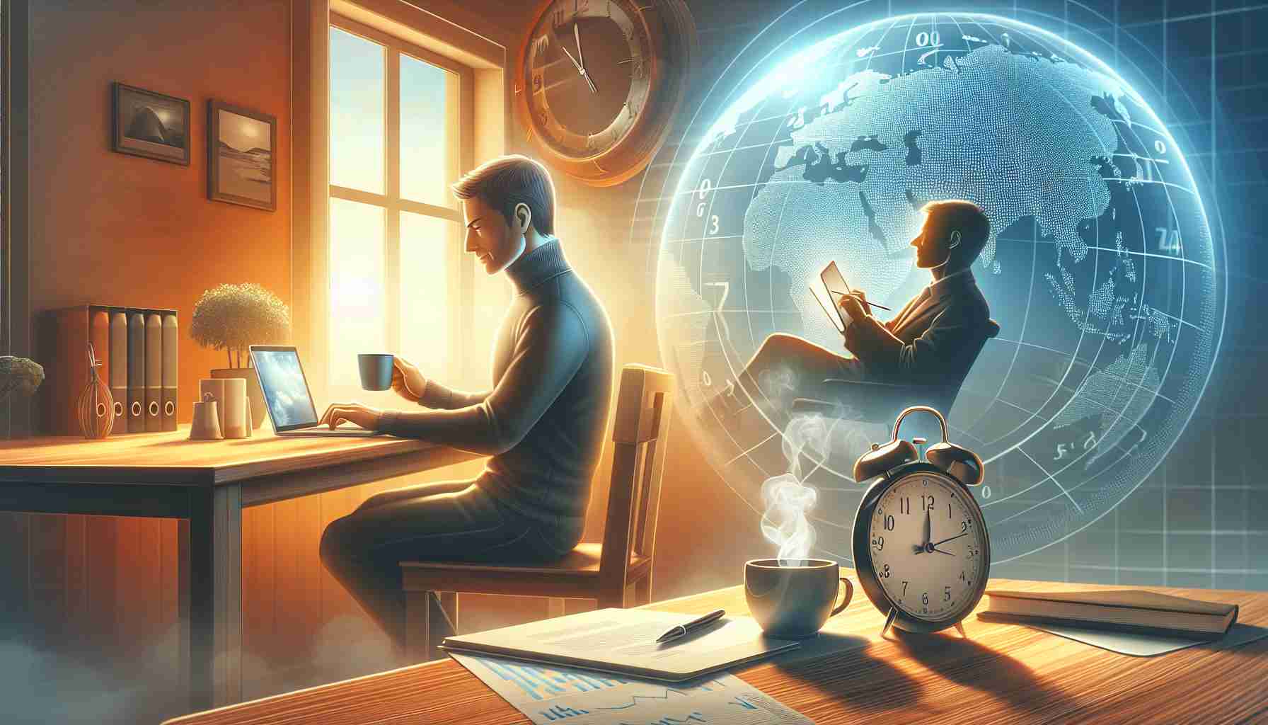 Create a realistic, high-definition image depicting the benefits of remote work. It could feature a calm, content individual working calmly on their laptop from the comfort of their own home, a cozy and clutter-free workspace with a steaming cup of coffee at hand, the possibility of flexible hours illustrated by a clock with adjustable hands, and a globe or map in the background symbolizing the location independence aspect of remote work.