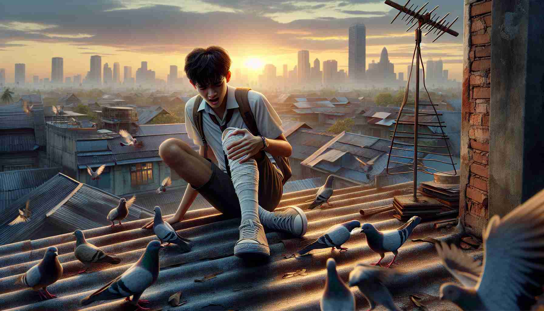 A HD image displaying a realistic scene featuring a teenager, of South Asian descent and male, holding his knee and expressing relief on his face, as if he just recovered from an injury. He's on top of a rustic rooftop, surrounded by a disarray of pigeons that were startled by his sudden movements. The skyline of a bustling city can be seen in the background, fading into a beautiful sunset. The rooftop is accessorized with an old television antenna, indicating the setting to be traditional and comforting.