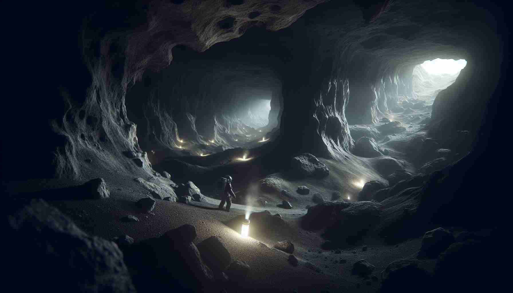 Create a detailed, high-definition realistic picture that takes the viewer inside a mysterious lunar cave. The image should show the dark, rugged interior of the cave lit by a handheld light source, possibly held by an astronaut. Everything in the far background should be shrouded in darkness with only hints of lunar rock formations and the cave's winding passageways. Just at the edge of the light's reach, there may be signs of untouched lunar rock covered in a fine layer of moon dust. The play of light and shadow should evoke a sense of mysterious wonderment and thrilling exploration.