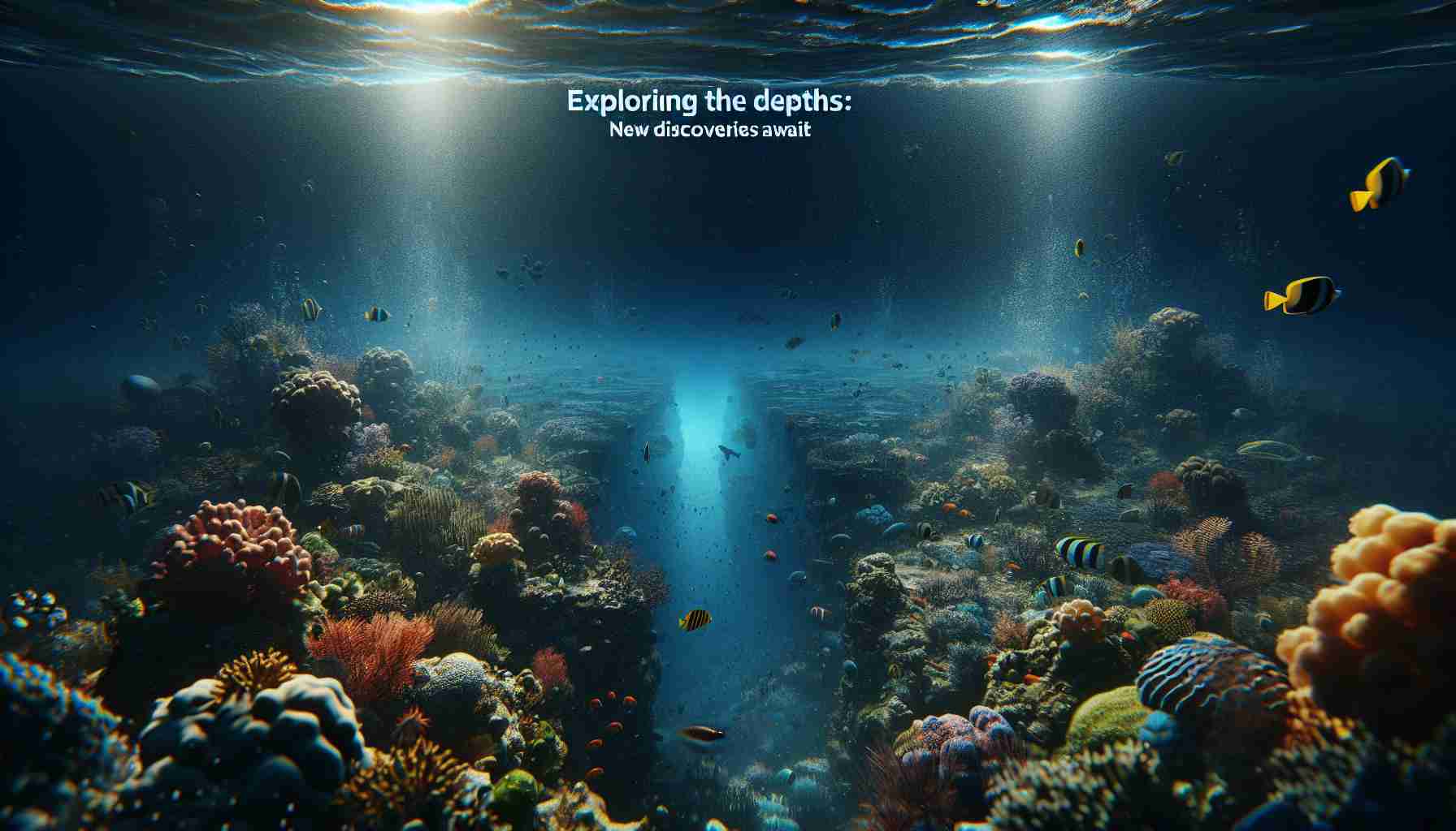 A high-definition rendering of an underwater scene labeled 'Exploring the Depths: New Discoveries Await'. The view is from a diver's perspective, as they navigate through a vast and dark ocean. Coral reefs, vibrant and diverse, serve as the foreground. It's teeming with visible marine life, such as angelfish, clownfish, and turtles. Sunlight filters down from the water's surface, casting a radiant glow across the scene. In the distance, a massive, faded shape suggests an unexplored oceanic trench or an ancient shipwreck. The atmosphere is of mystery, adventure and the promise of new scientific discoveries.