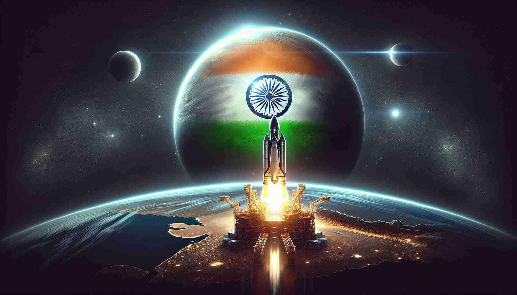 Generate a high-definition, realistic image symbolizing a new era for India's Space ambitions. The scene could feature a powerful rocket launch or a satellite orbiting the Earth, with an Indian flag subtly integrated into the design, alluding to the country's growing presence and ambitions in space exploration.