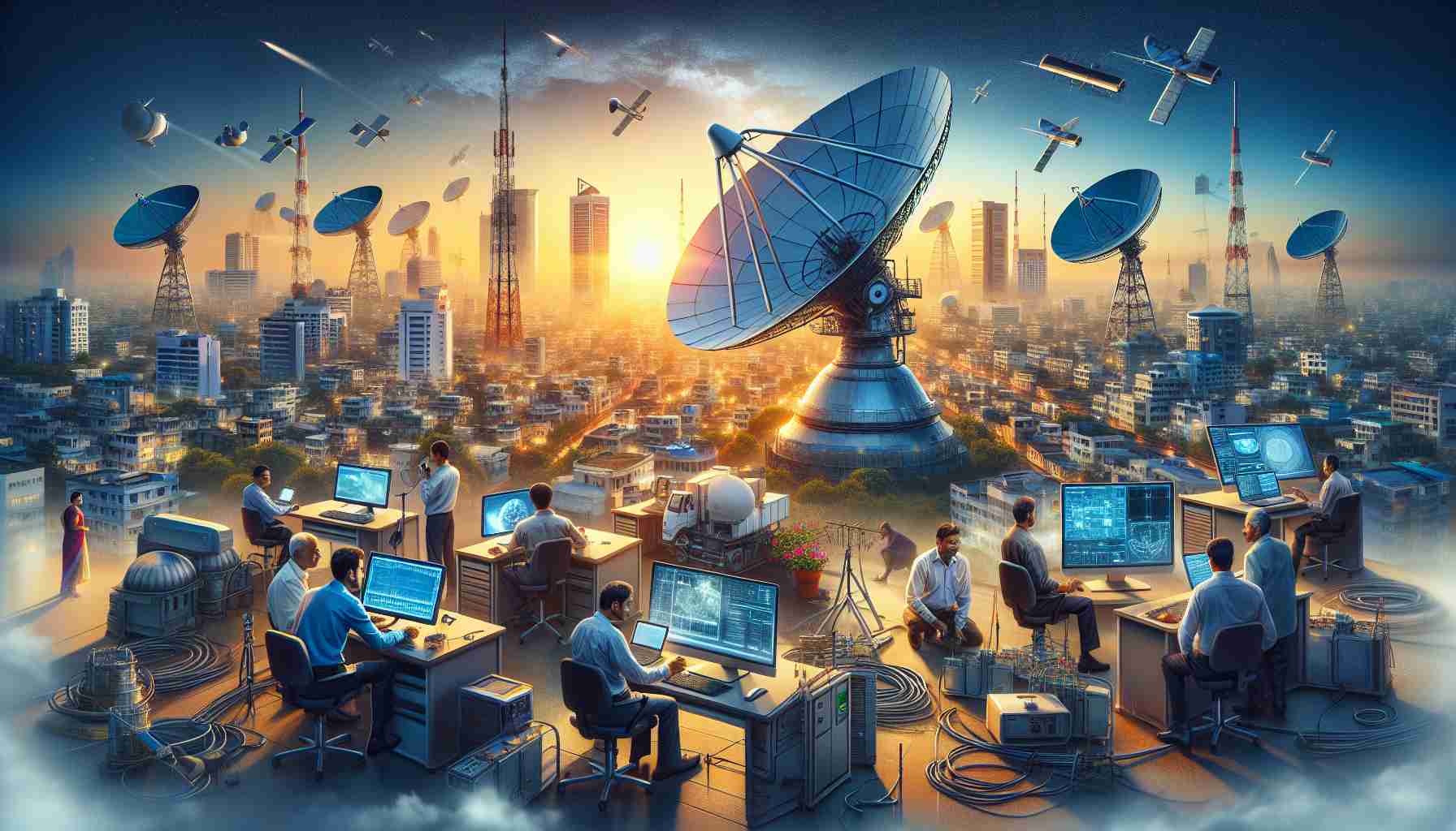 Realistic, high-definition illustration of a rapidly growing satellite broadband industry in India. Include various elements like a large satellite, individuals setting up ground equipment, and a cityscape with multiple satellite dishes installed on rooftops. Depict a diverse group of Indian engineers, both male and female, working on advanced computer systems to monitor and control satellites. The setting sun on the horizon signifies the promising future of the industry.