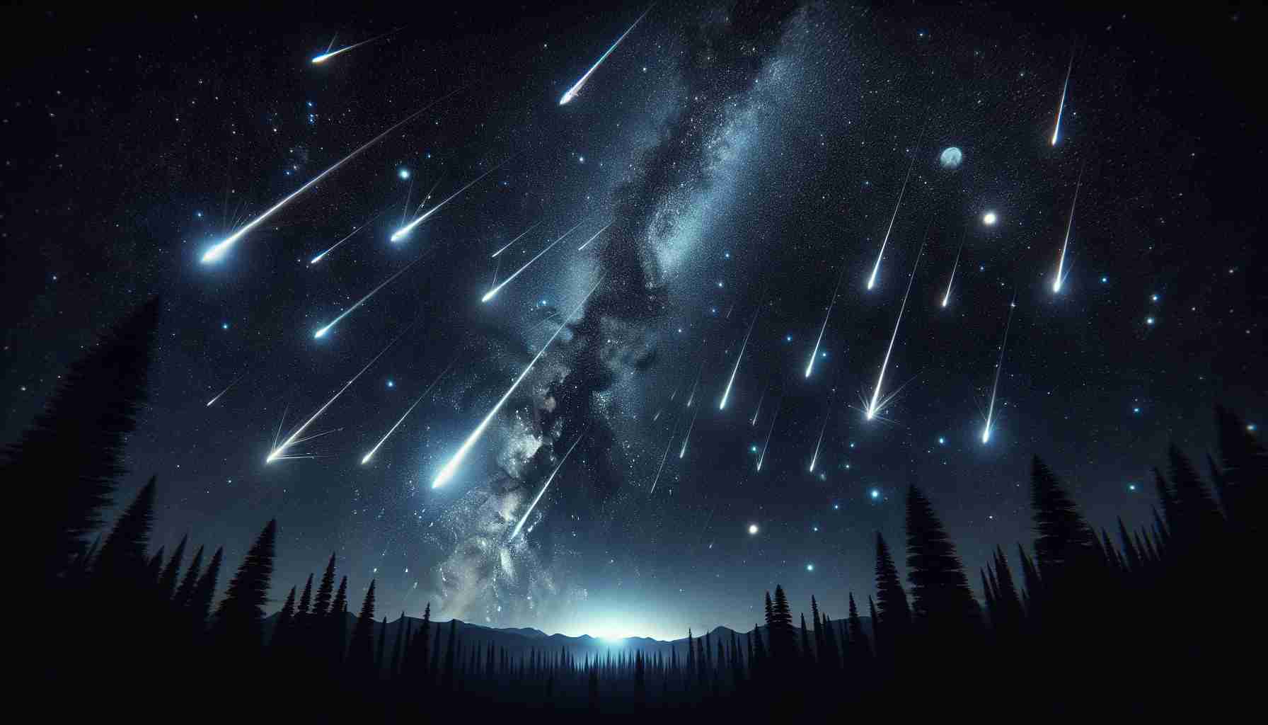 Generate a realistic, high-definition image that captures the unique celestial spectacle of the Draconid meteor shower. The scene should feature a starry sky cast in inky blackness with numerous Draconid meteors streaking across, leaving glowing trails behind. Details such as the Milky Way, distant planets, and constellations can be incorporated for added depth and realism. The foreground can contain silhouettes of trees or mountains for a sense of perspective.