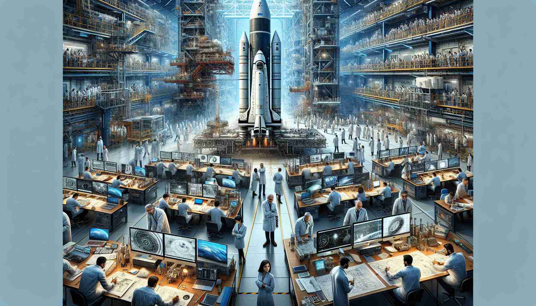 A high definition, realistic image detailing the revolutionizing space launch technology being developed at a premier space center in India. Picture a scene where scientists and engineers, encompassing a mix of Caucasian, Hispanic, Black, Middle-Eastern, South Asian, and East Asian descent, and of diverse genders, labor over high-tech equipment, blueprints, and computer screens. The center of the image is dominated by a newly designed rocket – a symbol of the future in space exploration. The surroundings are filled with the hustle and bustle inherent in such an innovative environment.