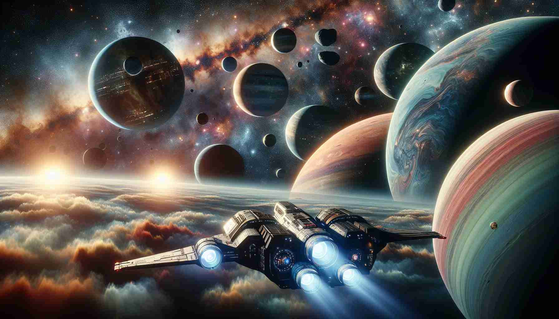 A high-definition, realistic depiction representing the future of interplanetary travel. The image portrays advanced spacecraft journeying through the cosmos, crossing the boundary of diverse planets. Each planet is an amalgamation of exotic hues, stark contrasts, and intricate detail, creating a scenic backdrop. The spacecraft stand out due to their sleek design, thriving with futuristic technology, active cockpit, and radiant engines. The specter of the cosmos in the background with misty nebulas, twinkling stars and distant galaxies further heightens the sense of traveling in infinite space and time.