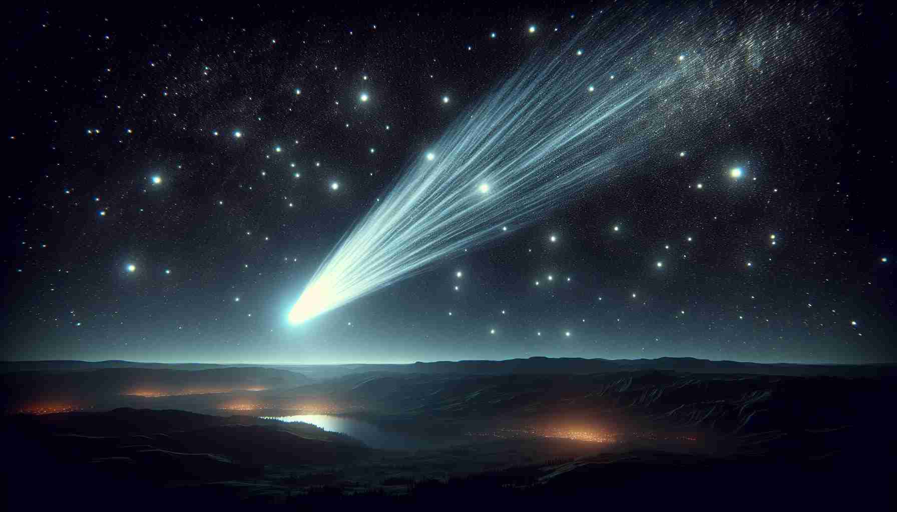 Create a high-definition realistic image of a breathtaking comet illuminating the  night skies, casting a glow over the landscape below. The comet should be detailed, showcasing its glowing nucleus and streaming tail. The night sky acts as a dark canvas, scattered with gleaming stars, and the radiant light from the comet adding a magical sheen to the otherwise dark expanse. The landscape below could be silhouetted against this cosmic wonder, thereby creating a sharp contrast and adding depth to the scene.