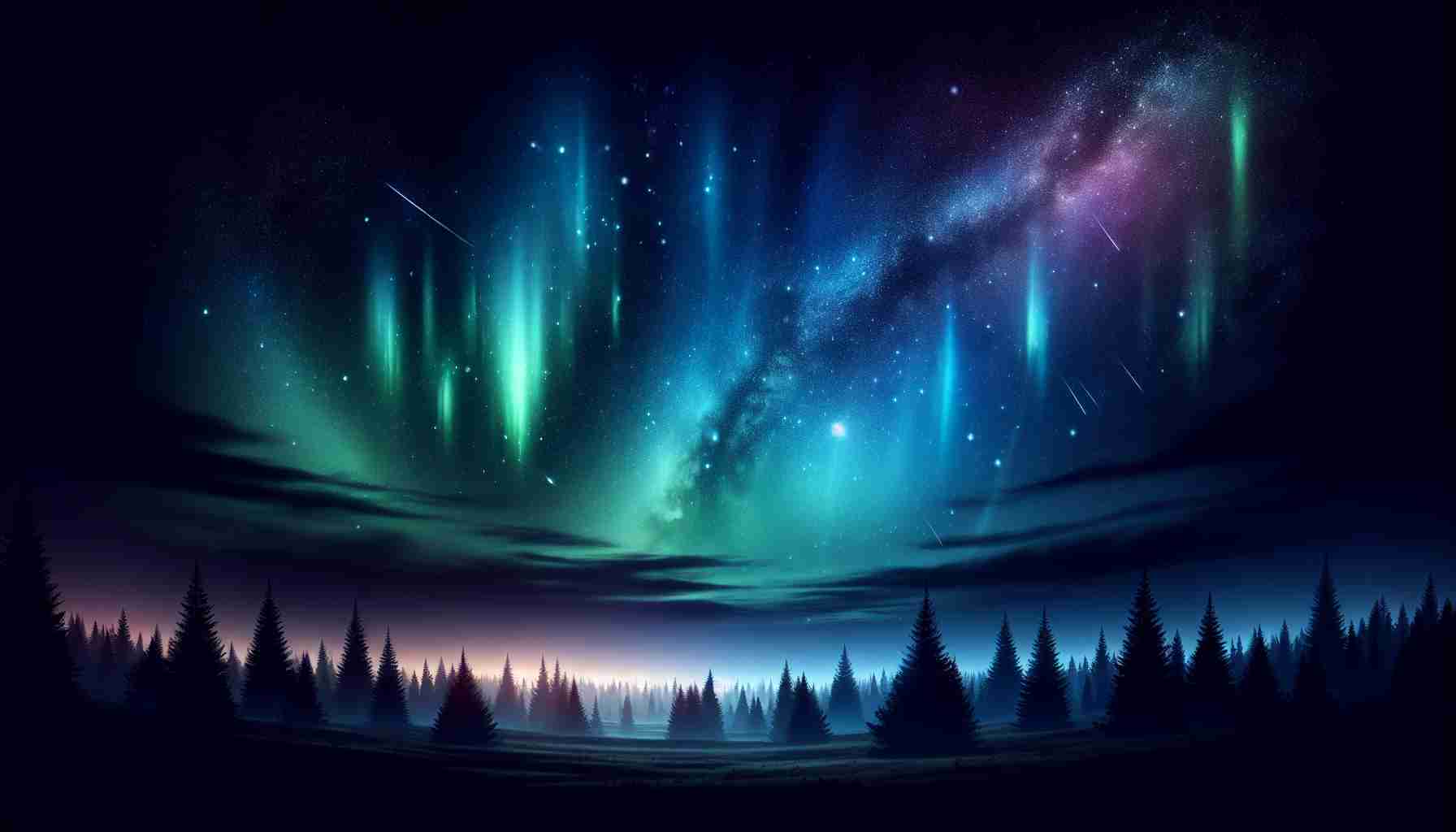 Create a high-definition, realistic image showcasing the beauty of celestial lights such as auroras or starry night skies, as visible from a generic regional wilderness. Include elements such as dark silhouettes of trees, open spaces for viewing the lights, a smattering of distant galaxies and shooting stars, casting a magical glow over the entirety of the scene.