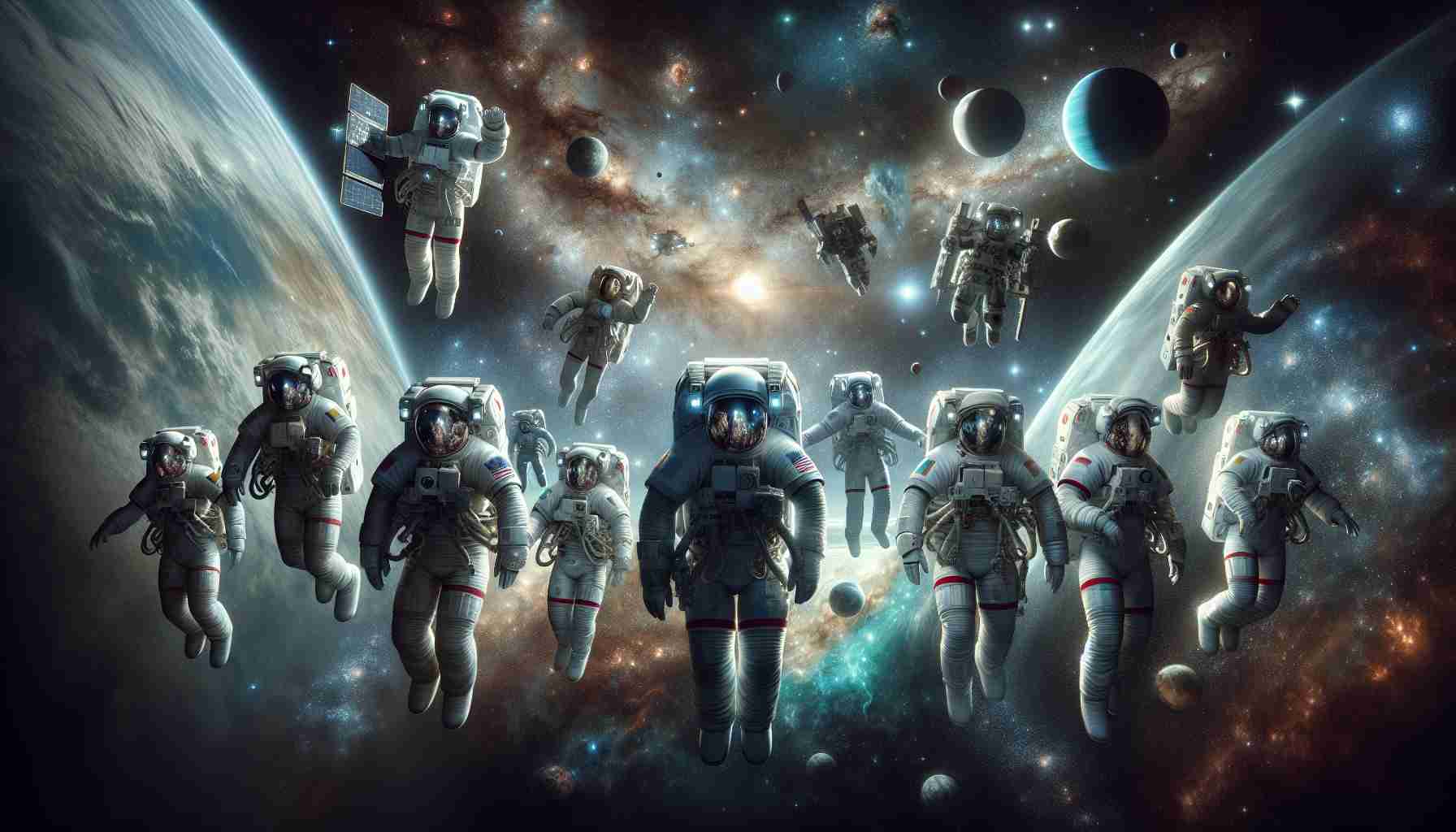 A realistic, high-definition illustration of astronauts exploring a new frontier in the realm of space. The scene showcases a group of astronauts, with a balanced mix of male and female, coming from diverse descents such as Caucasian, Hispanic, Black, Middle-Eastern, and South Asian. They float in the zero-gravity environment, their suit emblems reflecting the sparkles of distant stars. In the backdrop, the endless expanse of space forms an ethereal canvas splattered with galaxies and nebula, while an unchartered planet looms closer, waiting eagerly for its explorers.