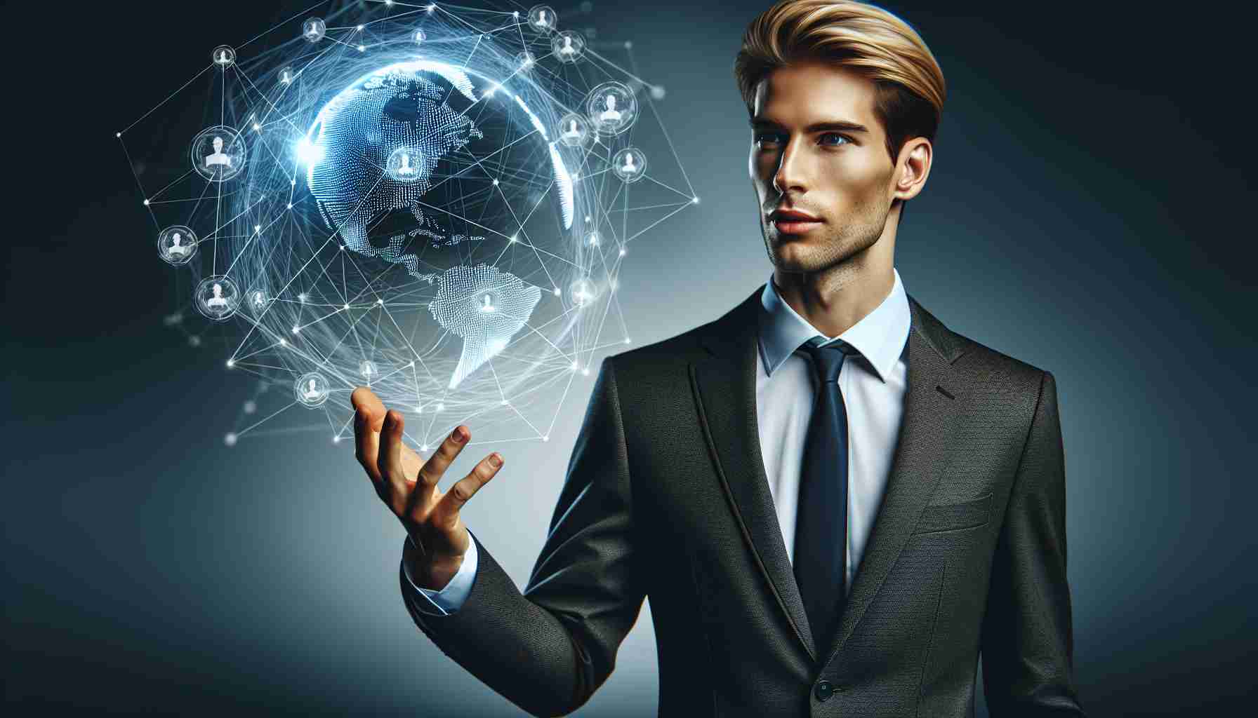 Realistic, high-definition picture of a business entrepreneur unveiling a global network of connections. This individual is depicted mid-speech, with digital graphics illustrating worldwide interconnections floating around him. His overall physique is tall and slim, with blonde, slightly thinning hair, and wearing a smart, dark suit with a white shirt and tie.