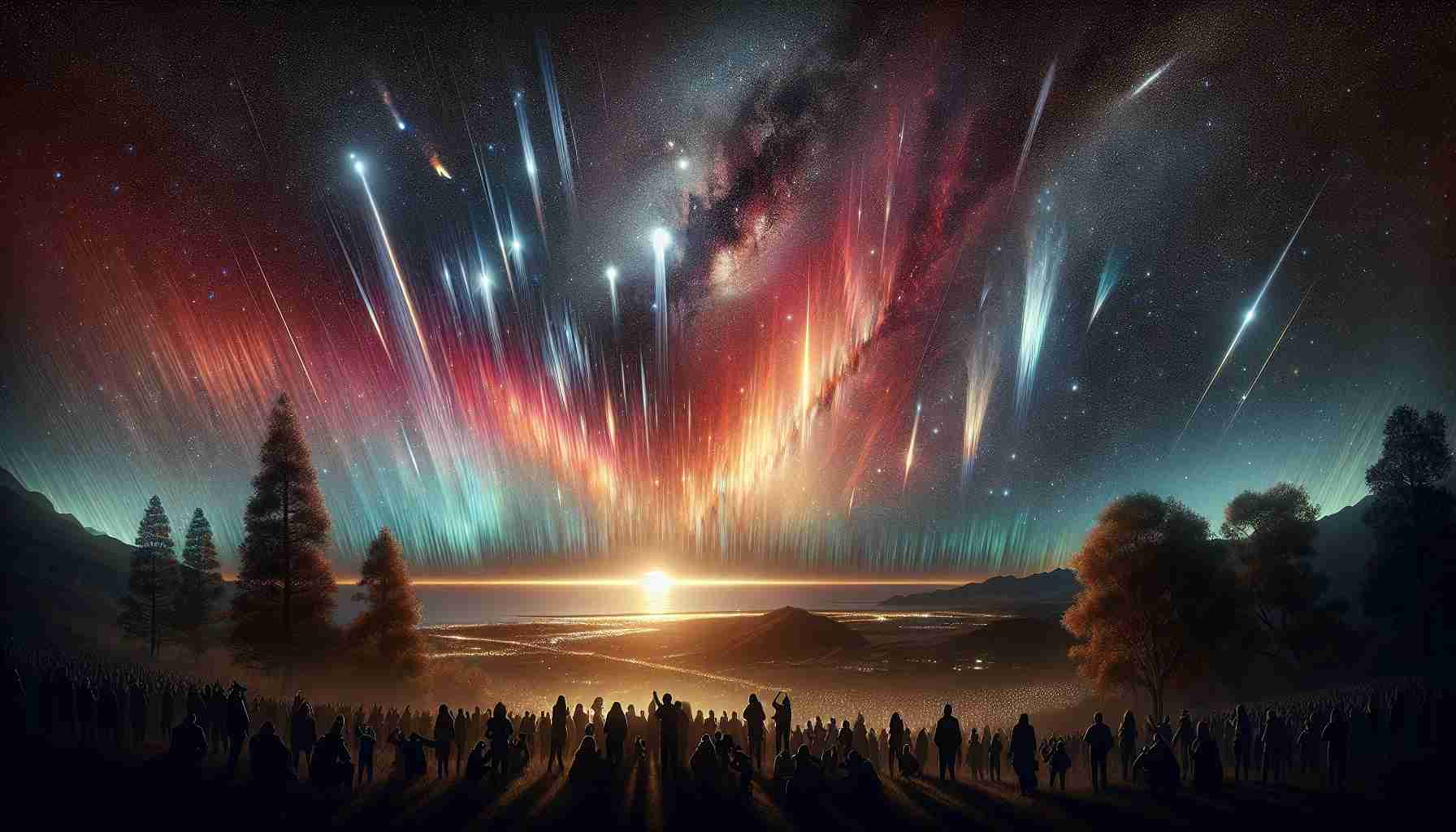 A comprehensive, highly detailed depiction of a rare celestial event captivating the residents of Southern California. The image should exhibit a clear night sky adorned with a spectacular light show the likes of which one rarely encounters. The visual panorama may contain twinkling stars, vibrant Milky Way, possible comet, meteor shower, or an aurora with an array of colors painting the canvas of the inky black sky. In the foreground, silhouettes of awe-struck spectators can be discerned, scattered across a beautifully illuminated landscape. The overall style should be realistic and high-definition.