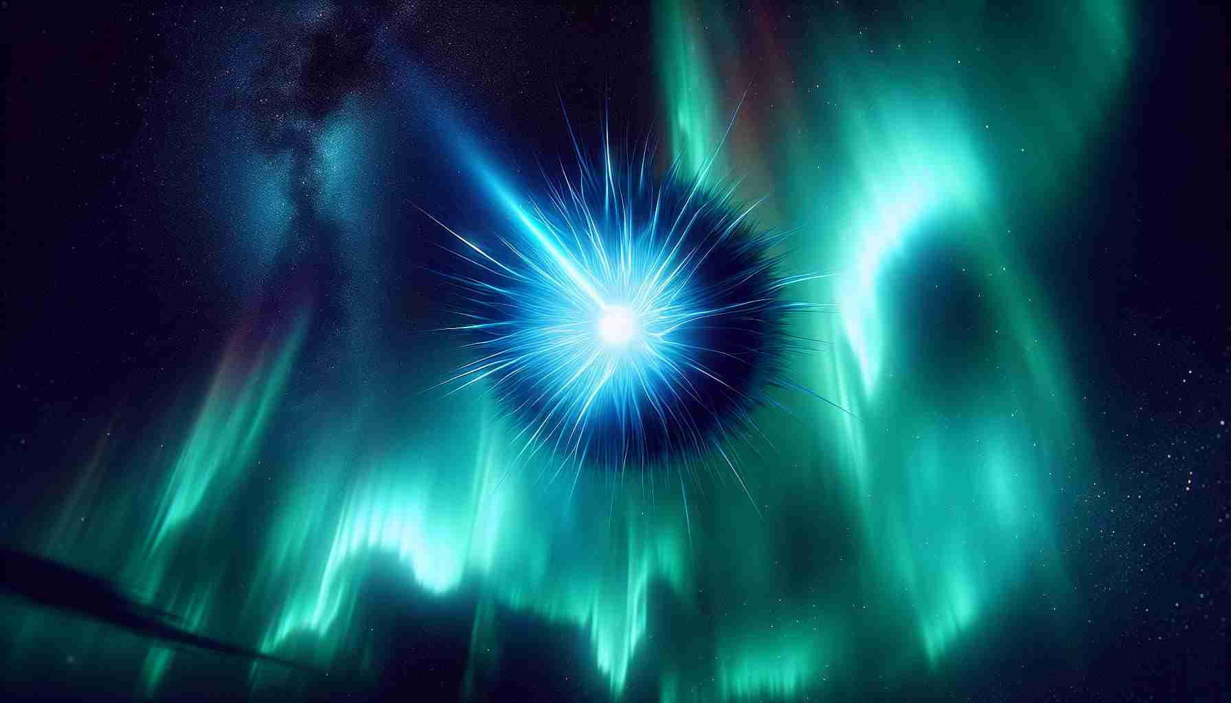 Bring forth a realistic, high-definition photo capturing the splendid cosmic phenomena happening tonight. A pulsar set against the electrifying backdrop of the aurora lights. The pulsar should emit radiant beams of colored light into the jumbled mass of green and blue-hued aurora flares. Focus on the contrast between the azure glow of the pulsar and the feathery, iridescent lights of the aurora. The scene should be set in a dark, clear night sky brimming with stars in the backdrop, demonstrating the endlessness of space.