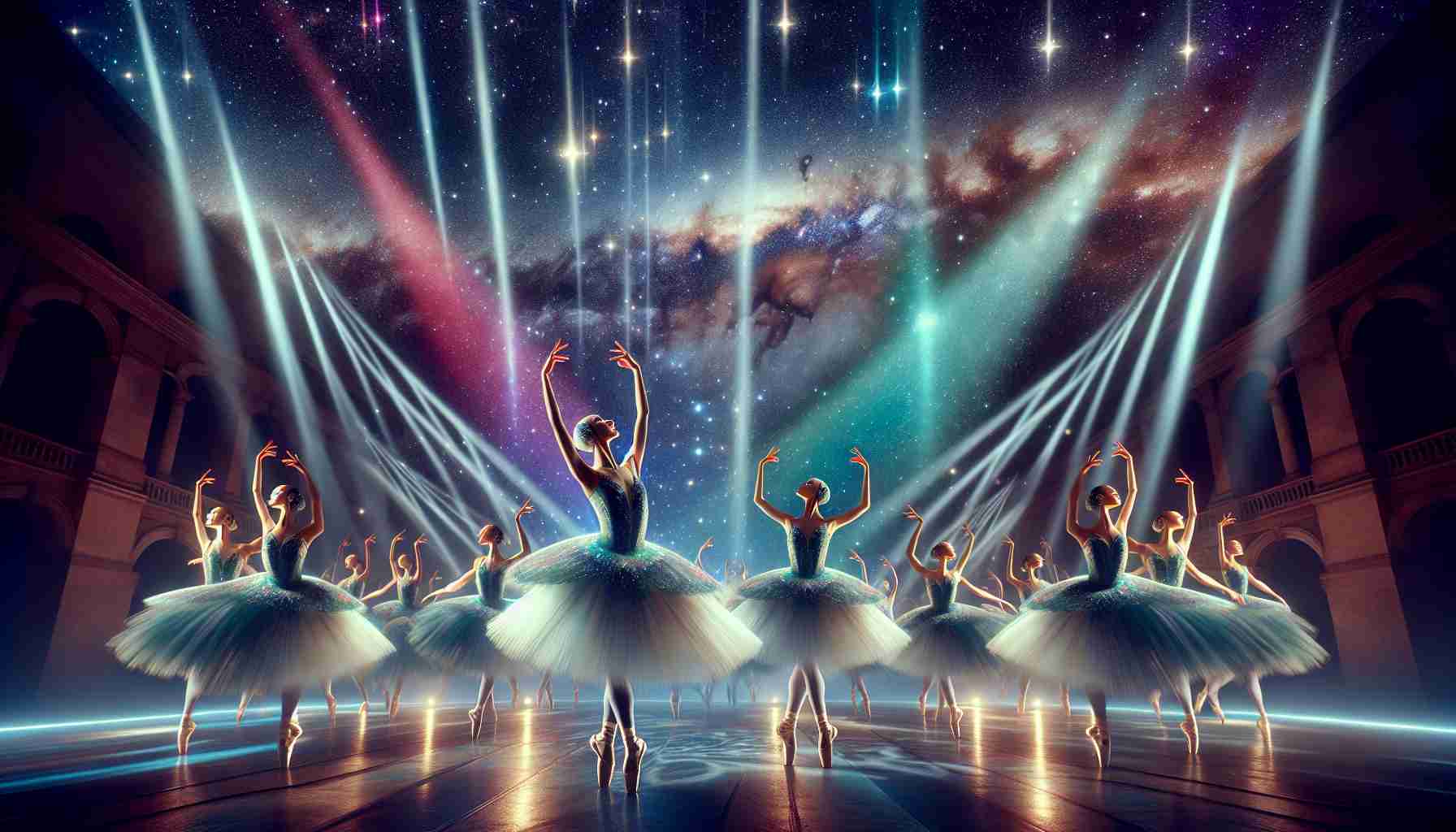 Create a high-definition, realistic image of a ballet performance taking place under a starry night sky. Feature multicolored, radiant beams of light beautifully choreographed, dancing with the ballerinas. The dancers, wearing graceful, flowing costumes that glimmer under the stars and lights, execute their moves perfectly, creating a mesmerizing spectacle. The stage is set outdoors, with the celestial bodies serving as a fitting backdrop, enhancing the ethereal ambience of the scenario. The image should evoke the mesmerizing charm of ballet under the cosmic theatre.