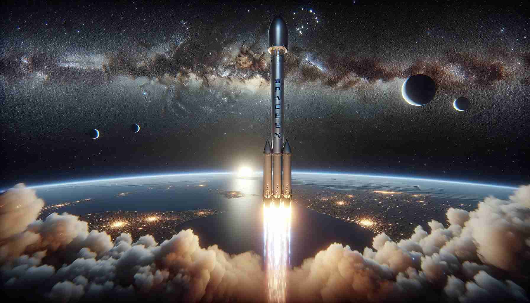 Render a hyper-realistic high definition image depicting an event where the SpaceX Super Heavy rocket is aiming for an unprecedented return trip. The scene should showcase the massive booster darting back towards the Earth against the backdrop of a star-spangled cosmos. Off to the side, distant planets and constellations grace the infinite space canvas. Ensure that lifelike details on the rocket - the etched SpaceX logo, the thrusters blasting with fire and the gleaming metal of the body - are captured with depth and precision.