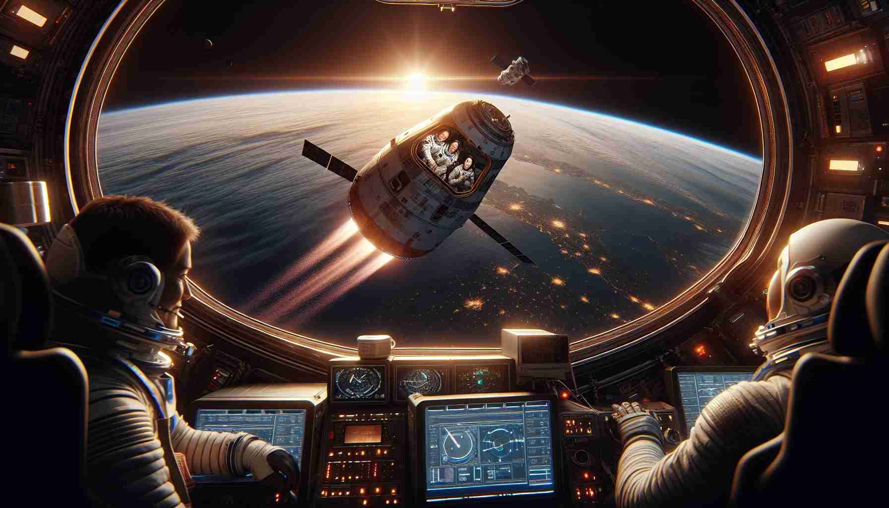 Realistic high-resolution photo of an exciting moment capturing the return of astronauts from their space expedition. The scene includes a spacecraft descending from the edge of the space towards the Earth, contrails trailing behind it. Within the cabin of the spacecraft, through its windows, we can see two astronauts - a Caucasian female and a South Asian male, their faces illuminated with relief and joy. Around them, monitors and equipment buzz with the end sequence of their mission. The Earth's horizon glows with the rising sun, painting a breathtaking backdrop behind the returning craft.