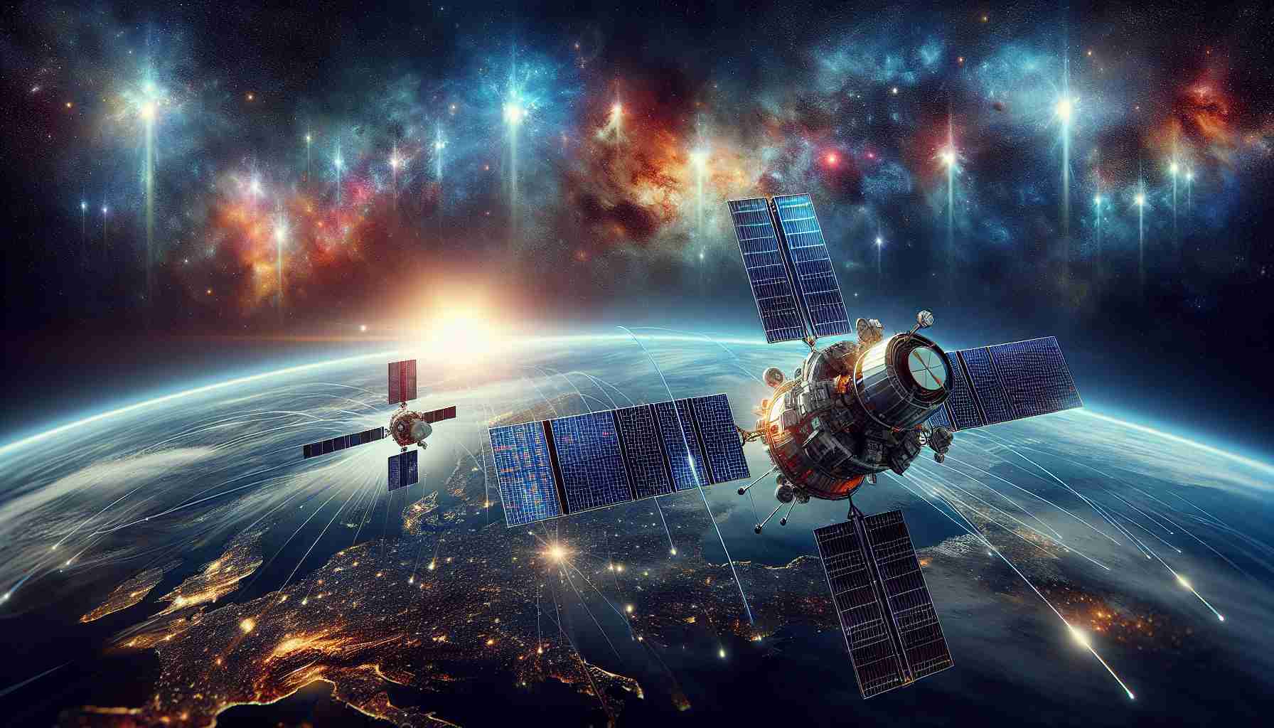 A detailed and realistic depiction of the future of satellite communications. Picture advanced satellites floating in the vastness of space, backed by the vibrant hues of distant galaxies, reflecting the glow of numerous stars. These satellites are equipped with state-of-the-art technology and maintain complex networks that cover the Earth below. Beams of data signals transmit between the satellite and Earth, representing the high-speed, two-way communication that future satellite technology promises.