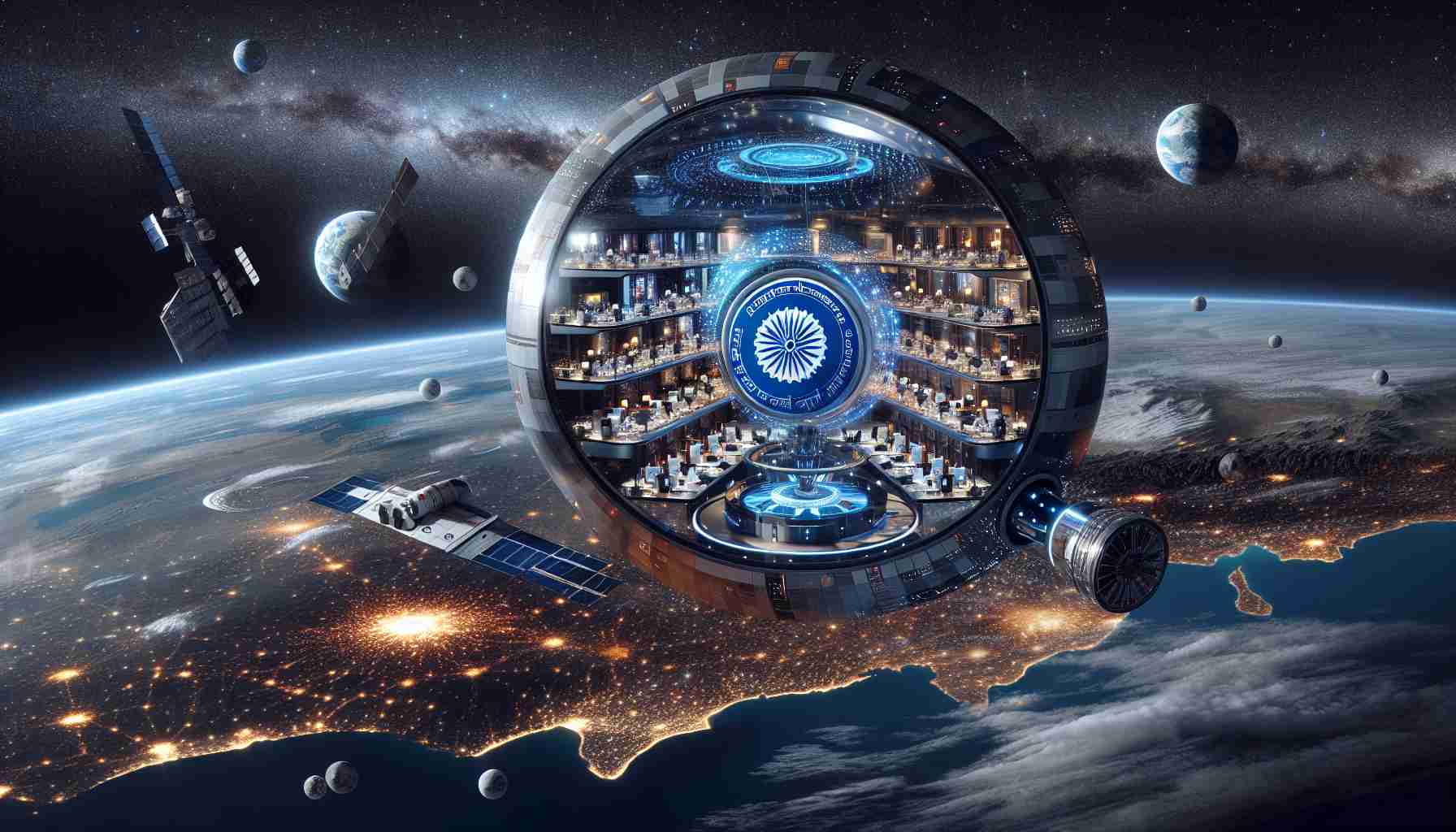 Create a high-definition image representing a futuristic concept of a unique space hotel, set against a backdrop of starry skies, orbiting Earth. Please show an emblem of an 'Indian Space Department' on the side, symbolizing an Indian agency's initiative in creating this new experience. Include some elements that connote luxury and innovation, like sleek designs, cutting-edge technology, and exclusive facilities. Imagine it as an initiative set to be launched by 2035.